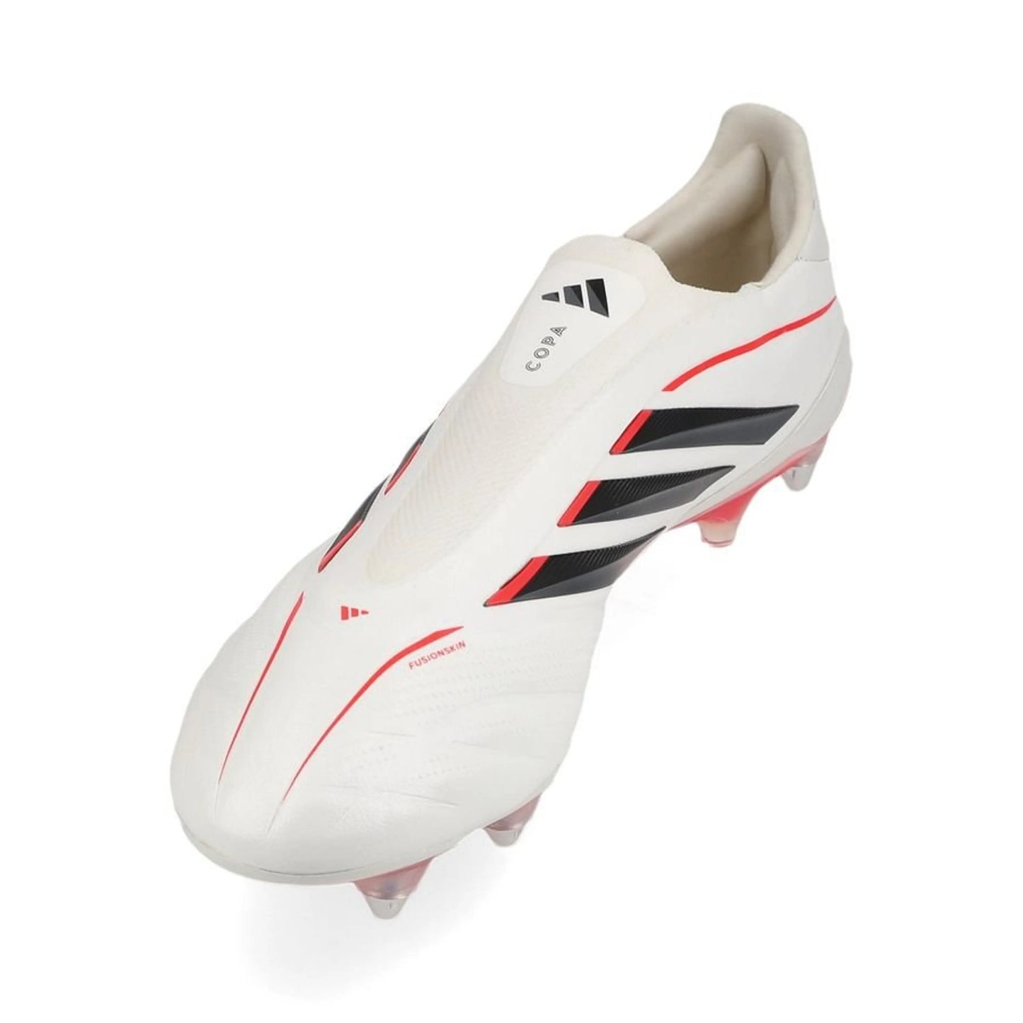 side view of the adidas Copa Pure IV Elite Laceless SG in Footwear White / Metallic / Black / Red (Born For Goals Pack)