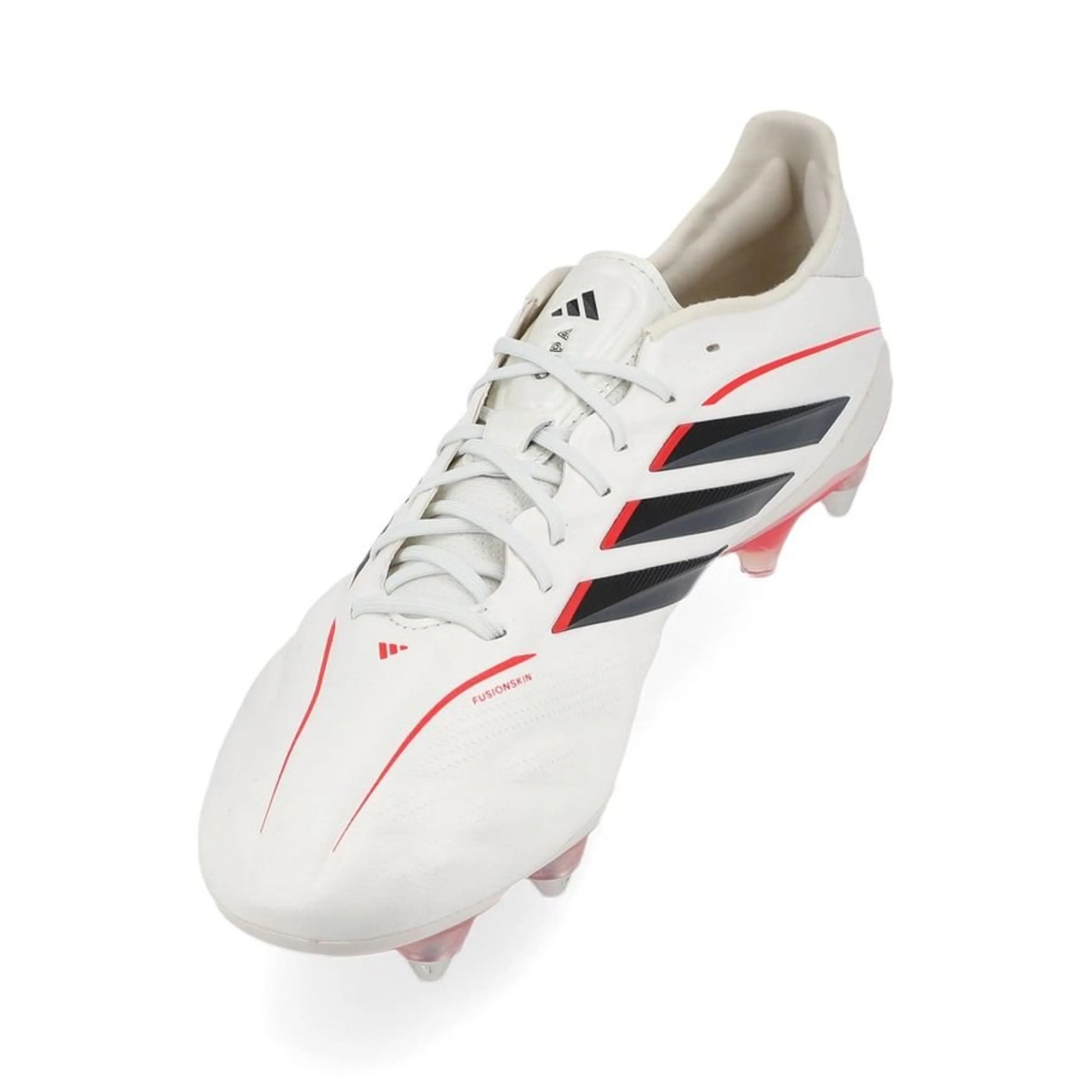 side view of the adidas Copa Pure IV Elite SG in Footwear White / Zero Metallic / Core Black / Lucid Red (Born For Goals Pack)