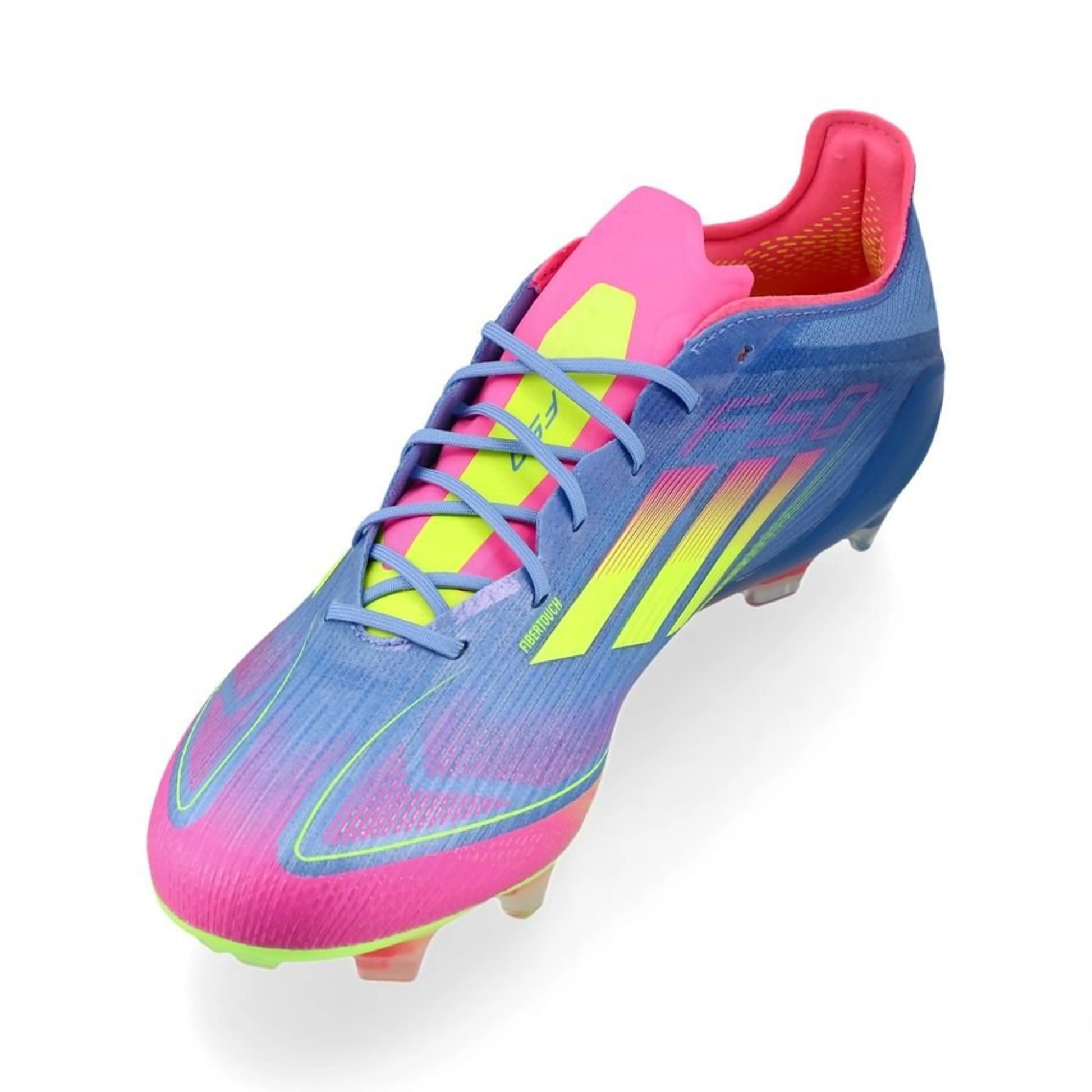 side view of the adidas F50 Elite FG "Celestial Victory" Pack in a Blue/Yellow/Pink colorway