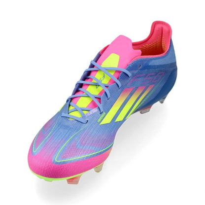 side view of the adidas F50 Elite FG "Celestial Victory" Pack in a Blue/Yellow/Pink colorway