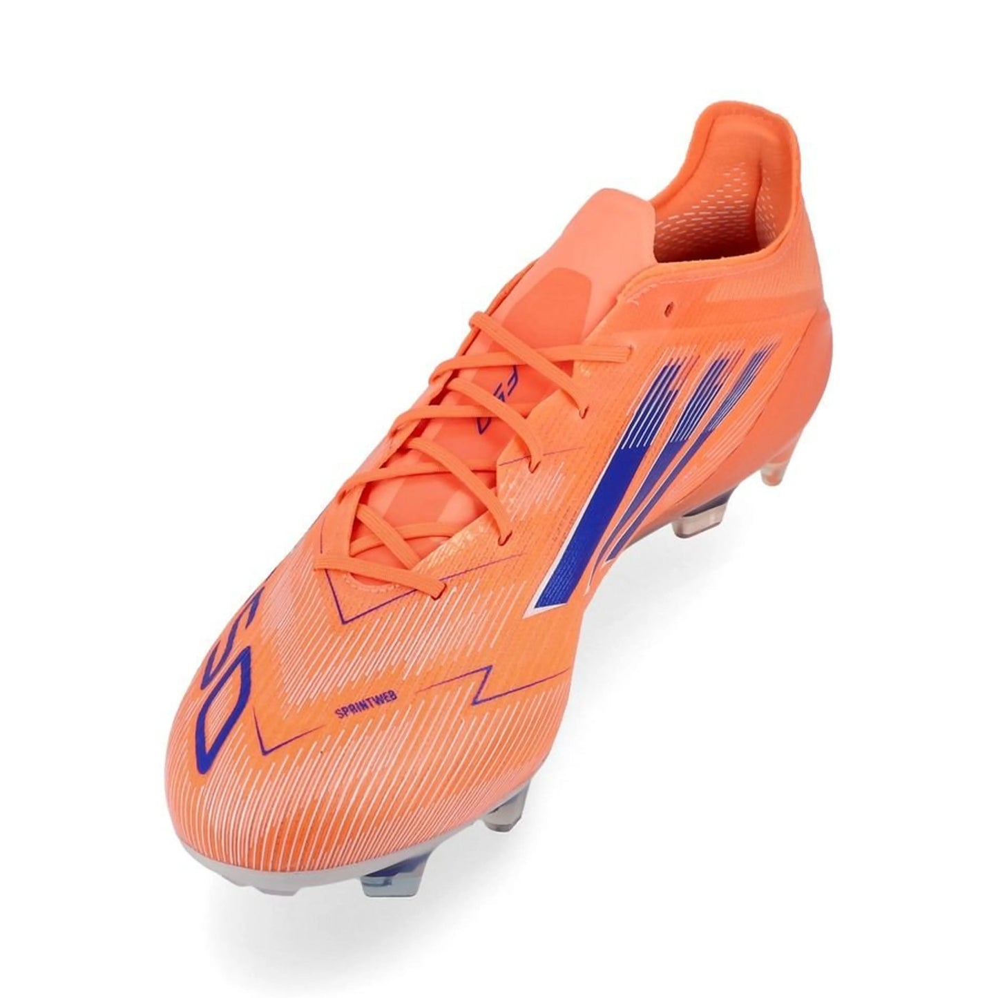 side view of the  adidas F50 Elite FG "Coral Blaze" Pack in an Orange/Blue colorway