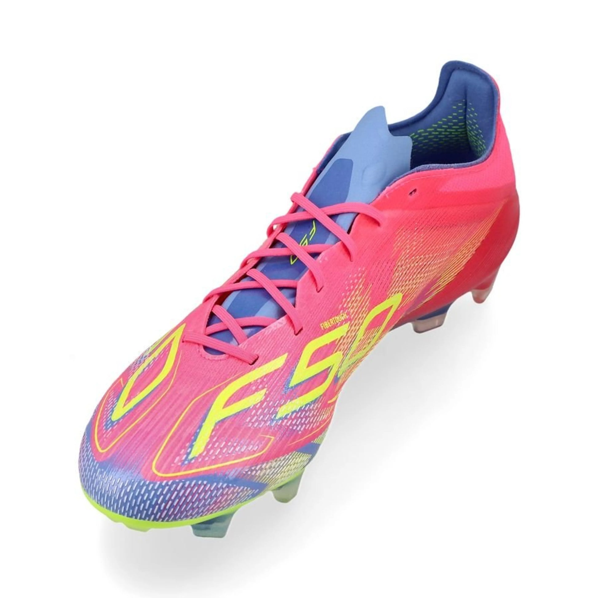 side view of the adidas F50 Elite FG "Mystic Victory" pack in Pink/Lemon/Blue colorway