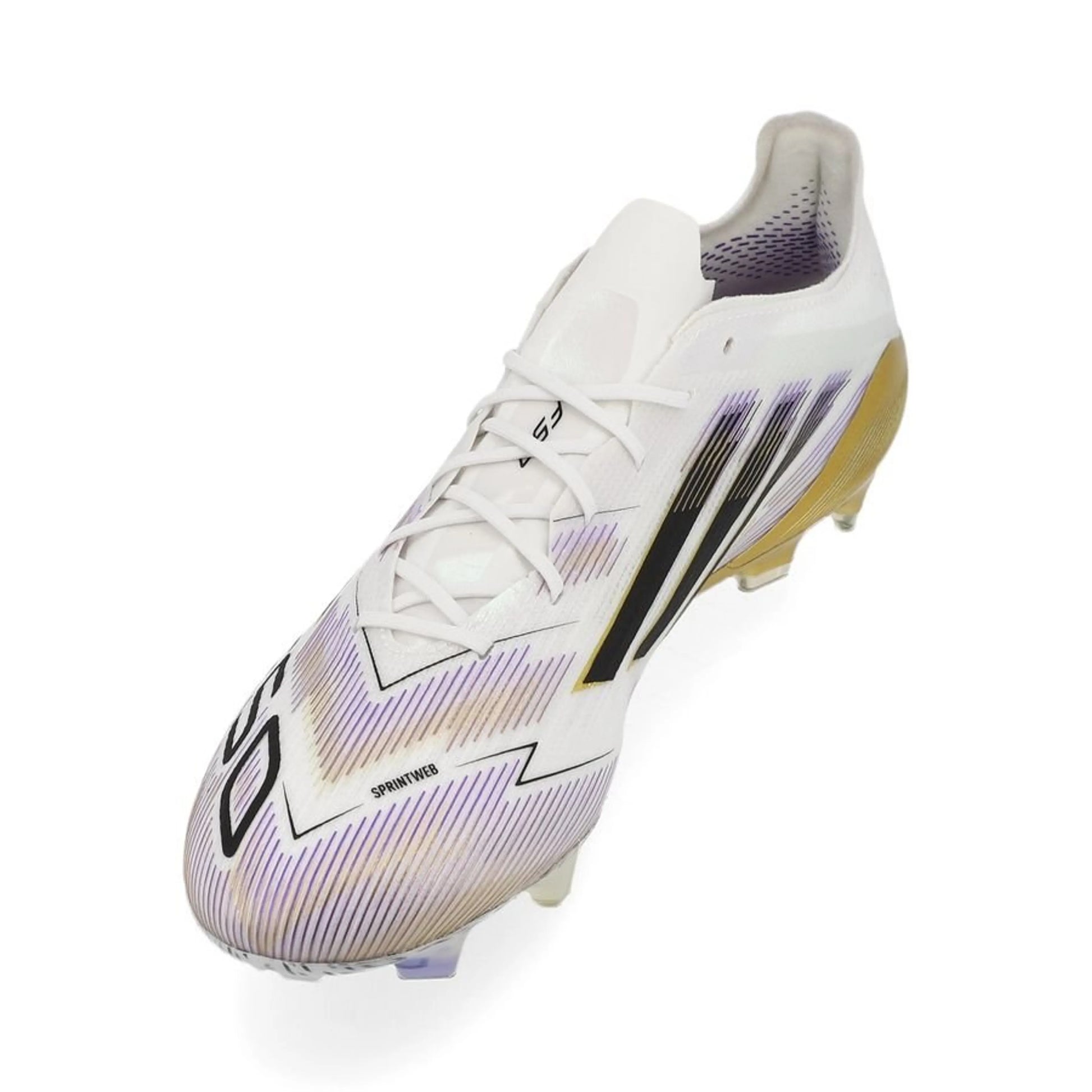side view of the adidas F50 Elite FG "Road to Glory" Pack in a White/Black/Gold colorway