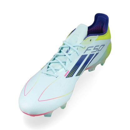 side view of the adidas F50 Elite FG "Stellar Icon" Pack in a Blue/Yellow/Red colorway