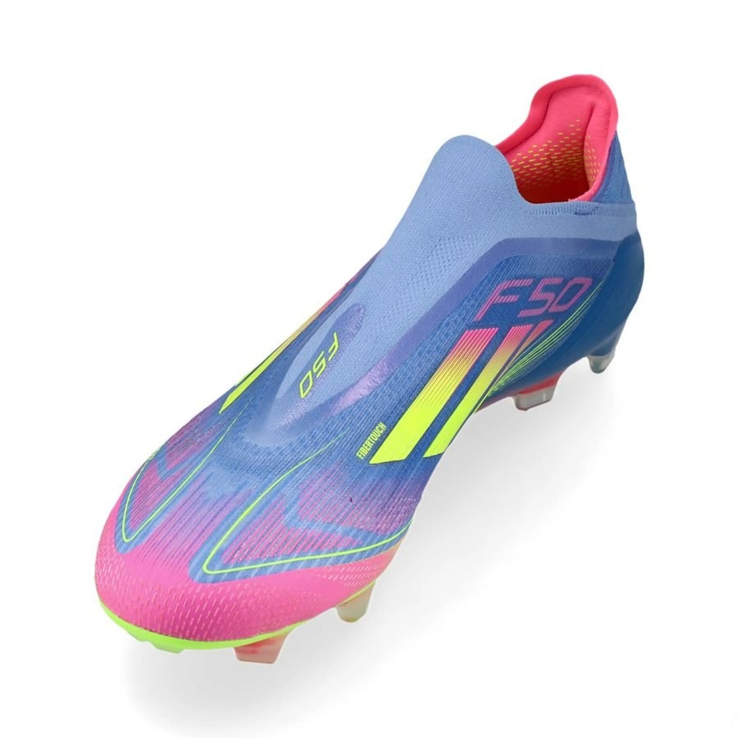 side view of the adidas F50 Elite Laceless FG "Celestial Victory" Pack in a Blue/Yellow/Pink colorway