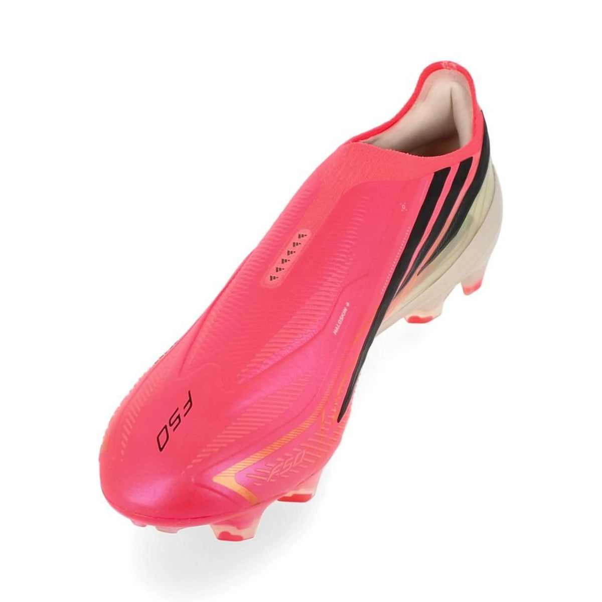 side view of the adidas F50 Hyperfast Elite Laceless FG in Solar Turbo / Core Black / Gold Metallic (Road to Glory Pack)