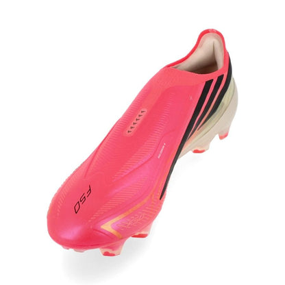 side view of the adidas F50 Hyperfast Elite Laceless FG in Solar Turbo / Core Black / Gold Metallic (Road to Glory Pack)