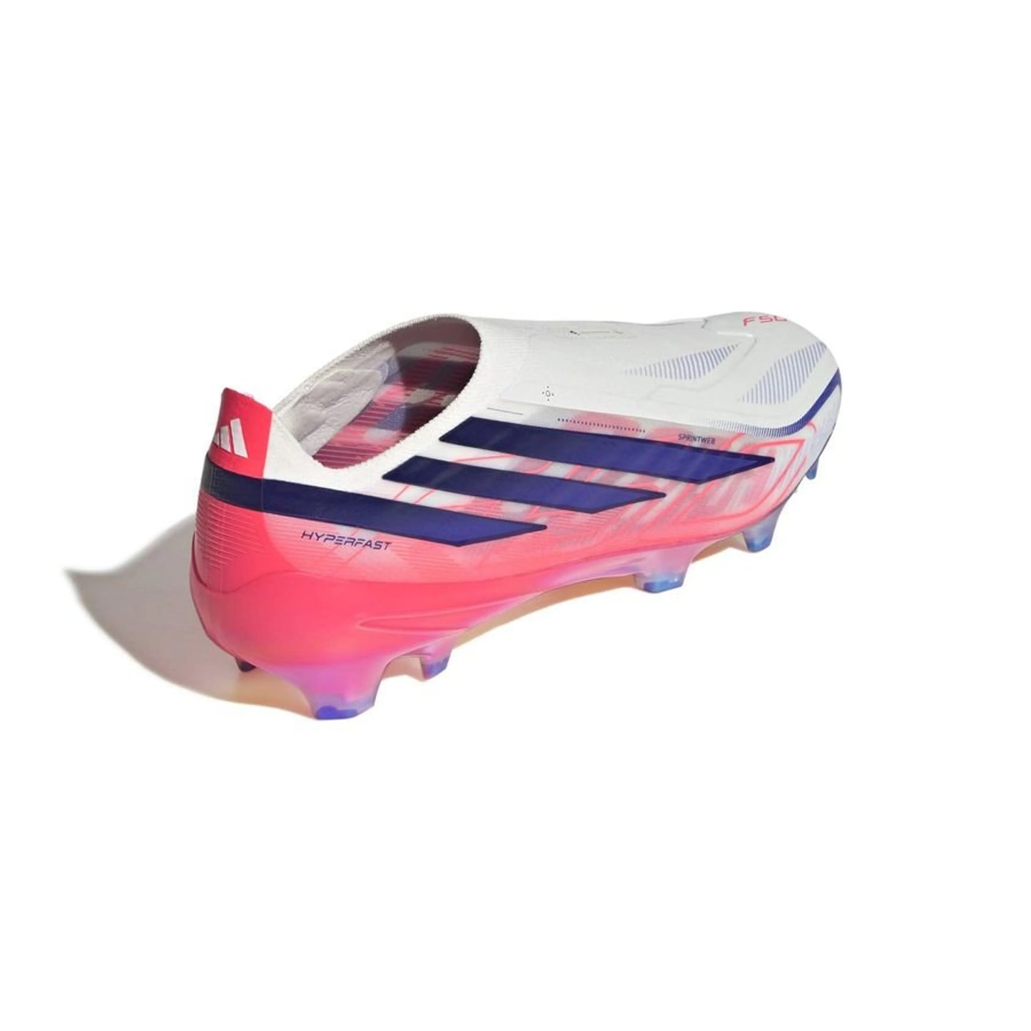 side view of the adidas F50 Hyperfast Elite Laceless FG in White/Pink from the Chaos vs Control Pack