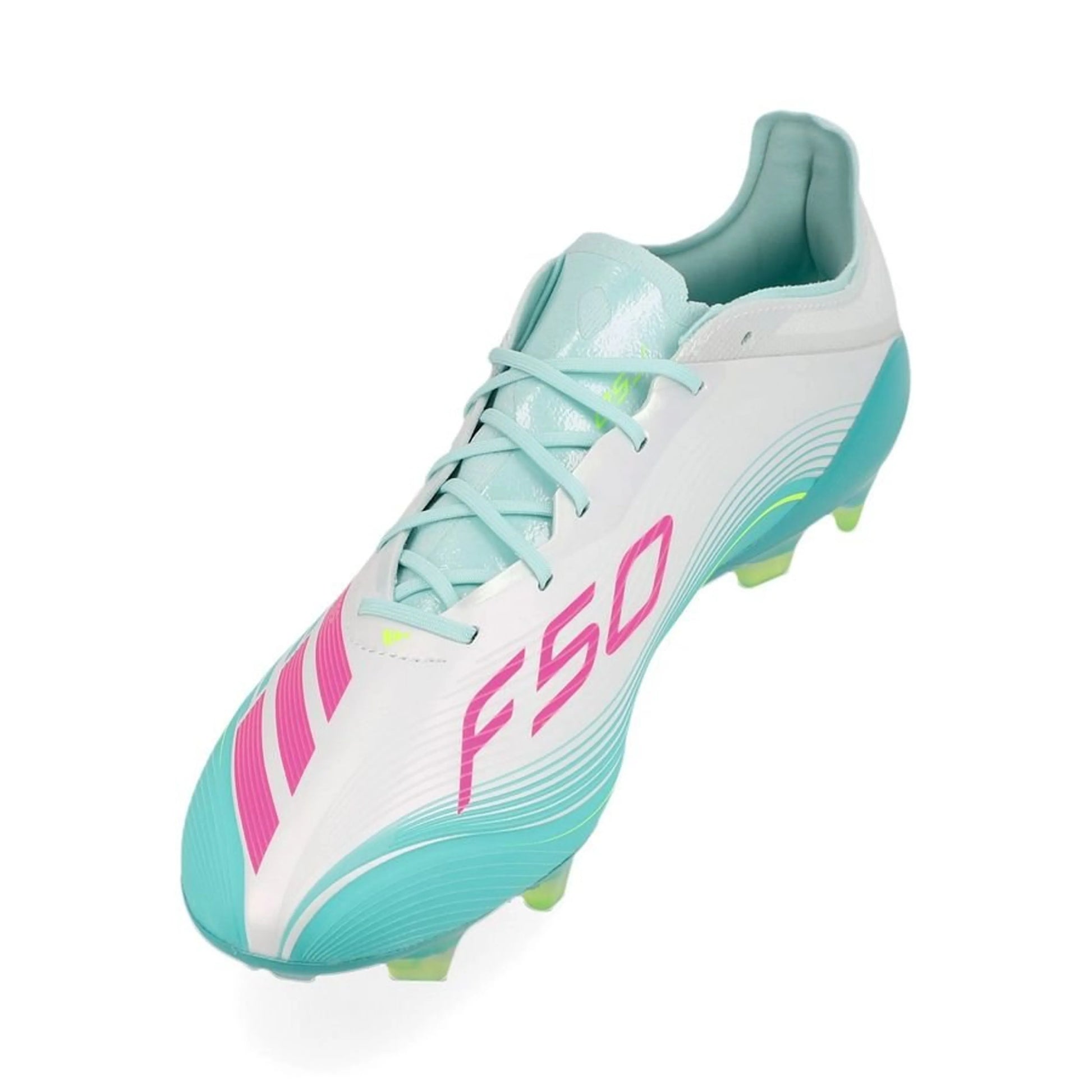 side view of the adidas F50 Messi Elite FG Aurora Radiante in a White/Pink/Aqua colorway
