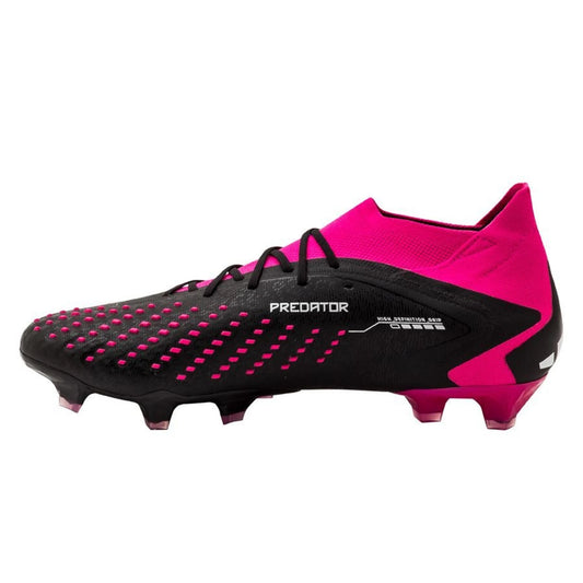 side view of the adidas Predator Accuracy .1 FG "Own Your Football" pack in a Black/White/Pink colorway