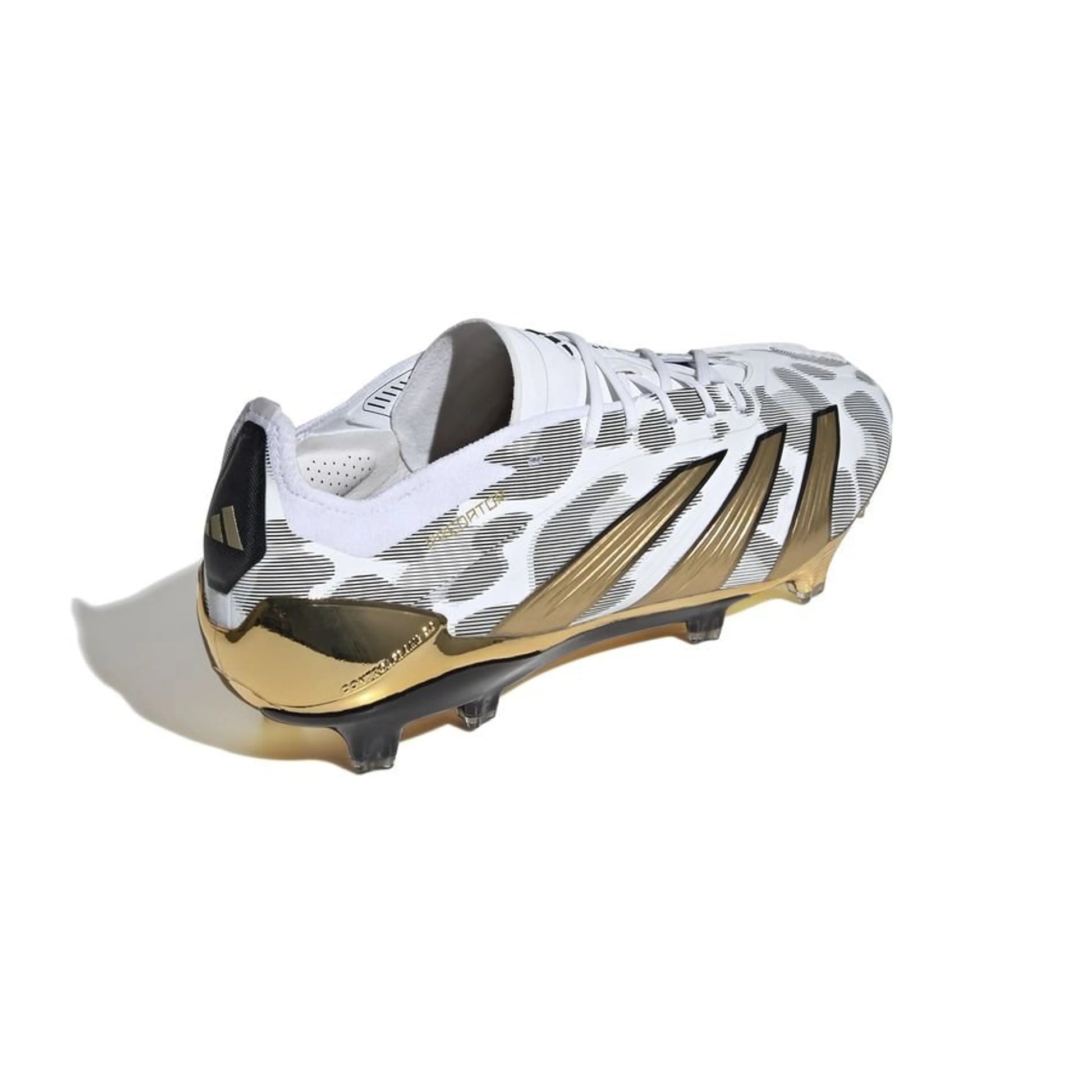 side view of the adidas Predator Elite FG "Generation Pred 2.0" pack in a White/Black/Gold colorway