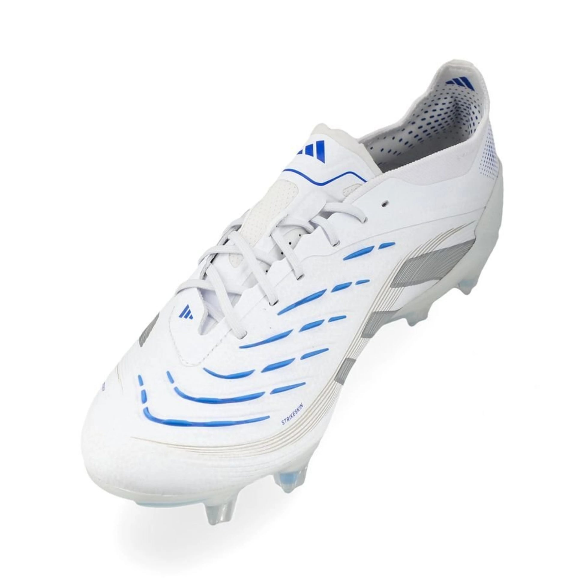 side view of the adidas Predator Elite FG "Polar Victory Pack" in a White/Silver/Blue colorway