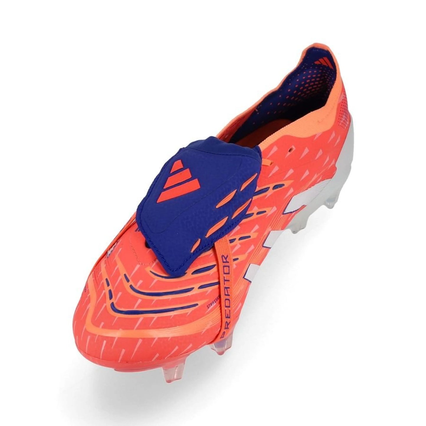 side view of the adidas Predator Elite Fold-over Tongue FG "Coral Blaze" in an Orange/White/Blue Pack