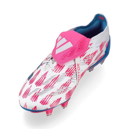 side view of the adidas Predator Elite Fold-over Tongue FG "Reemergence" Pack in a White/Pink/Blue colorway