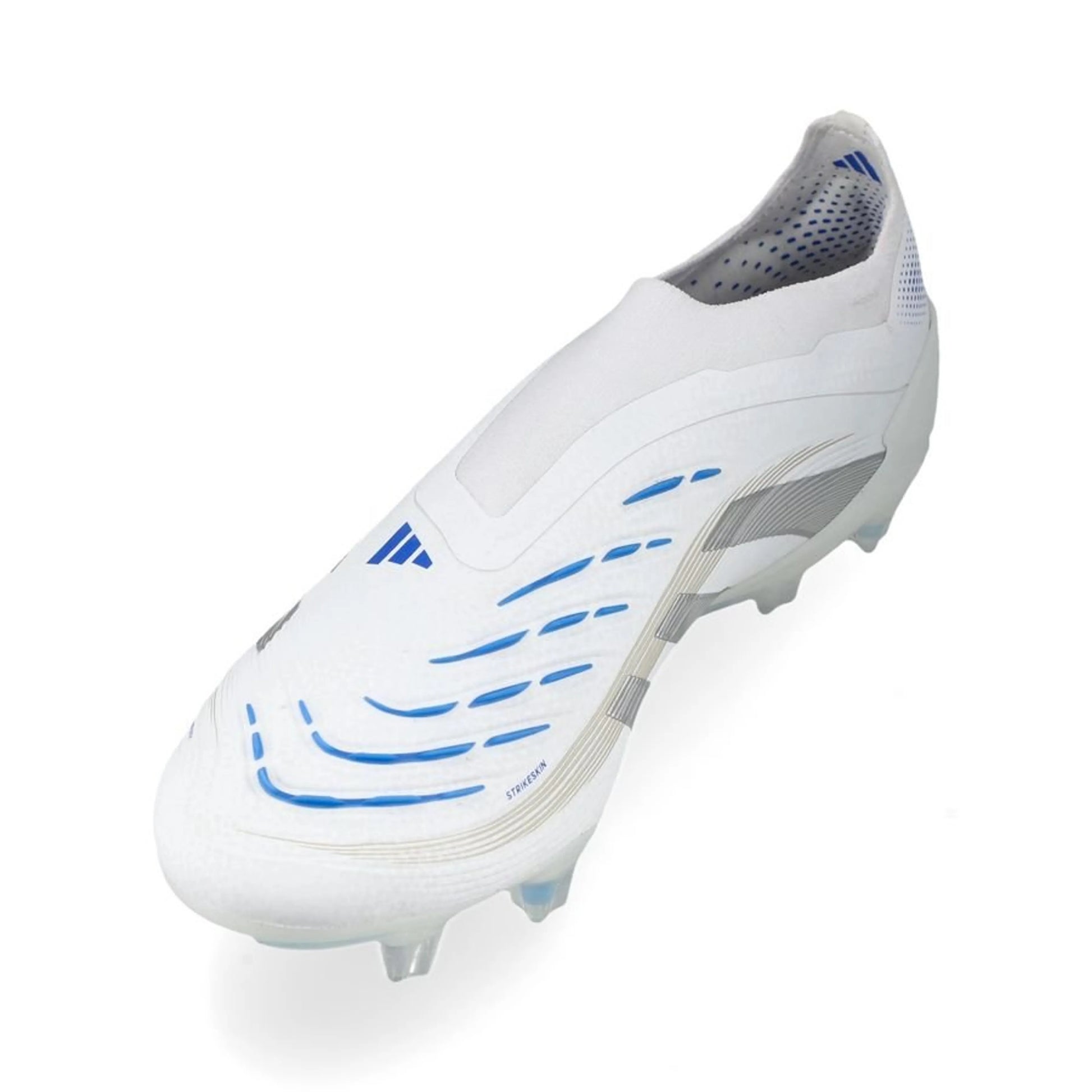 side view of the adidas Predator Elite Laceless FG "Polar Victory Pack" in a White/Silver/Blue colorway