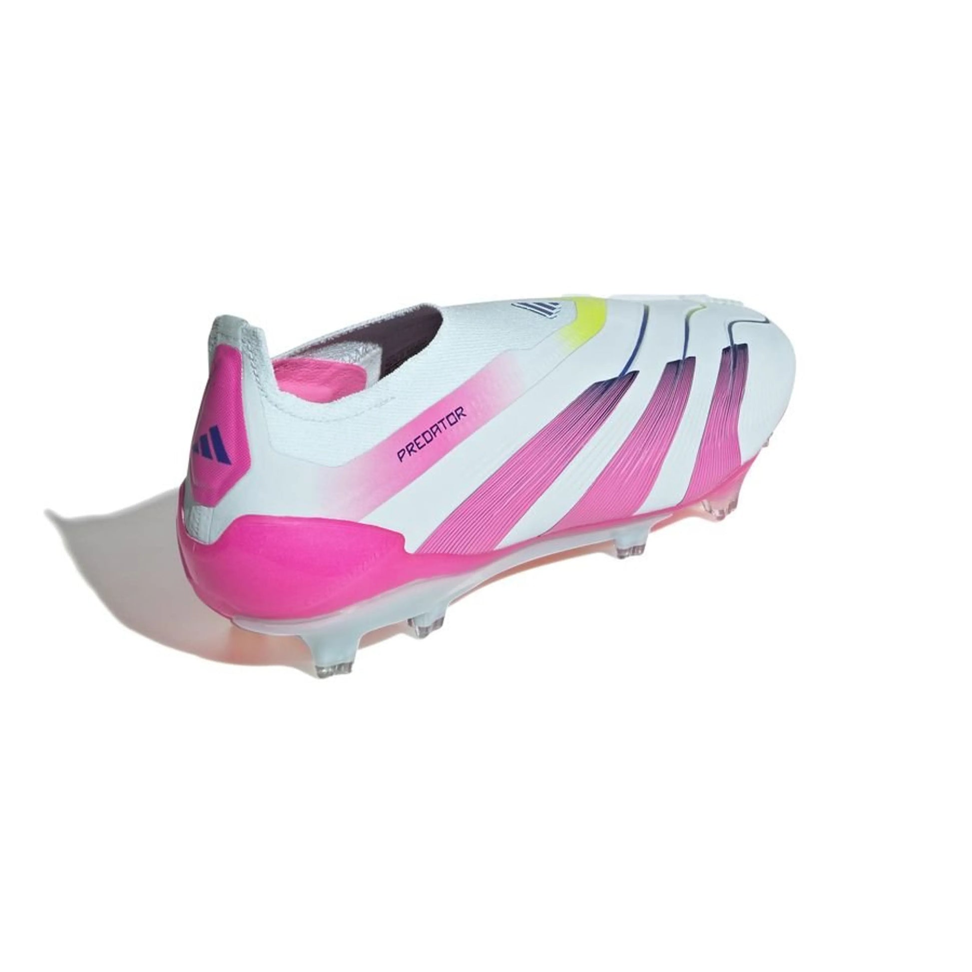 side view of the adidas Predator Elite Laceless FG "Stellar Icon" Pack in a White/Blue/Pink colorway