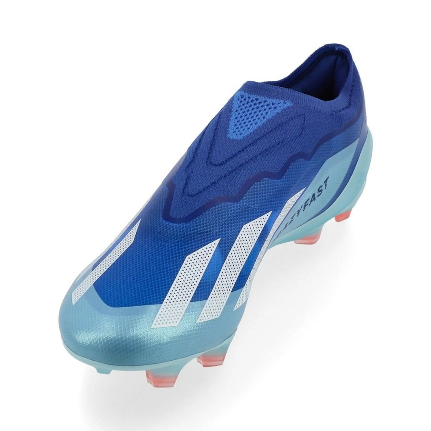 side view of the adidas X Crazyfast .1 Laceless FG "Marinerush" Pack in a Blue/White/Pink colorway