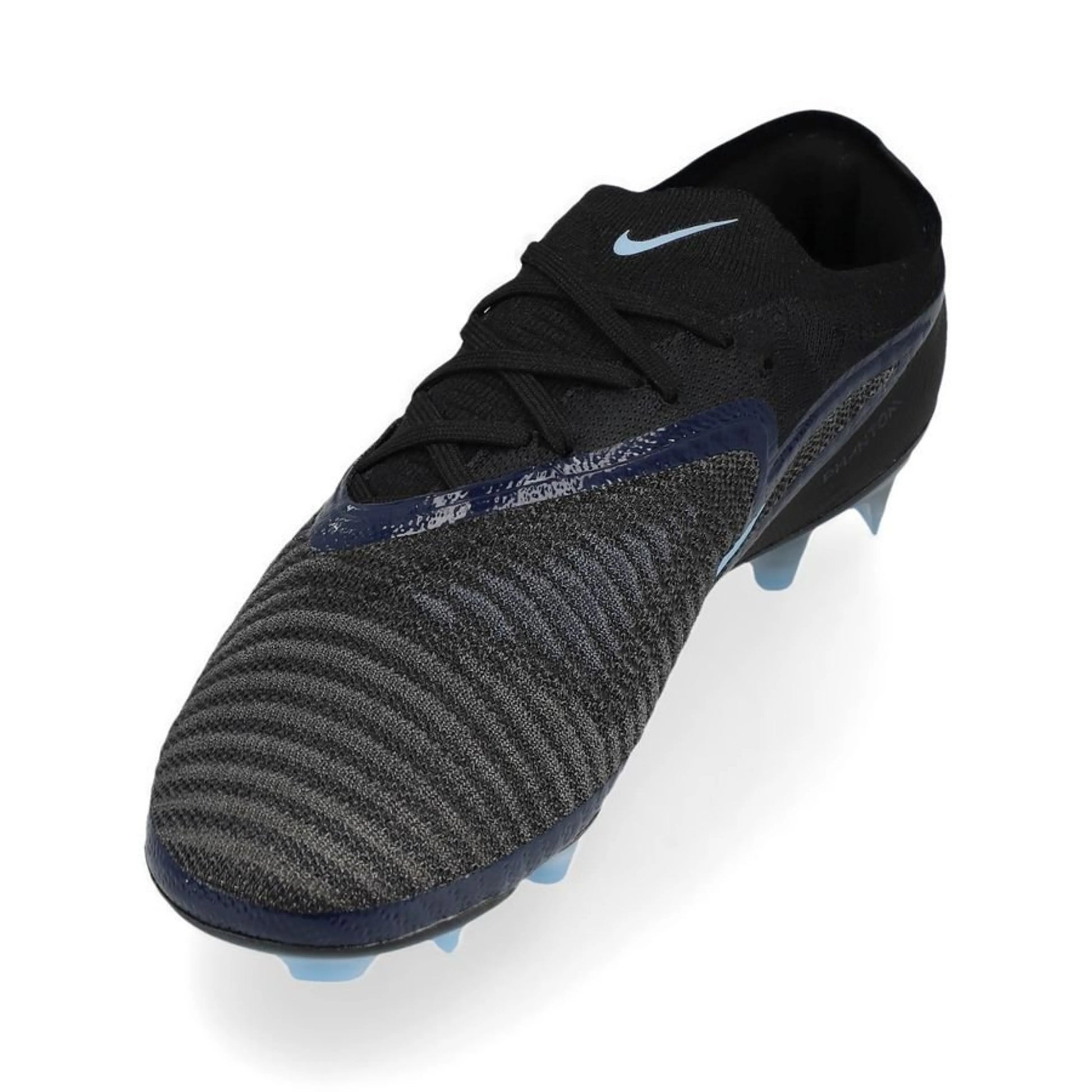 side view of the Nike Phantom 6 Elite Low Cut FG Shadow in Black/Blue colorway