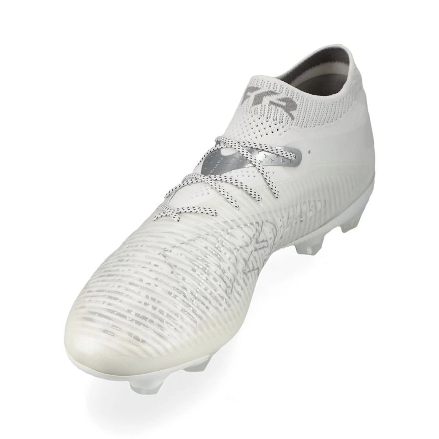 side view of the PUMA Future 8 Ultimate FG White Pack in White/Silver colorway
