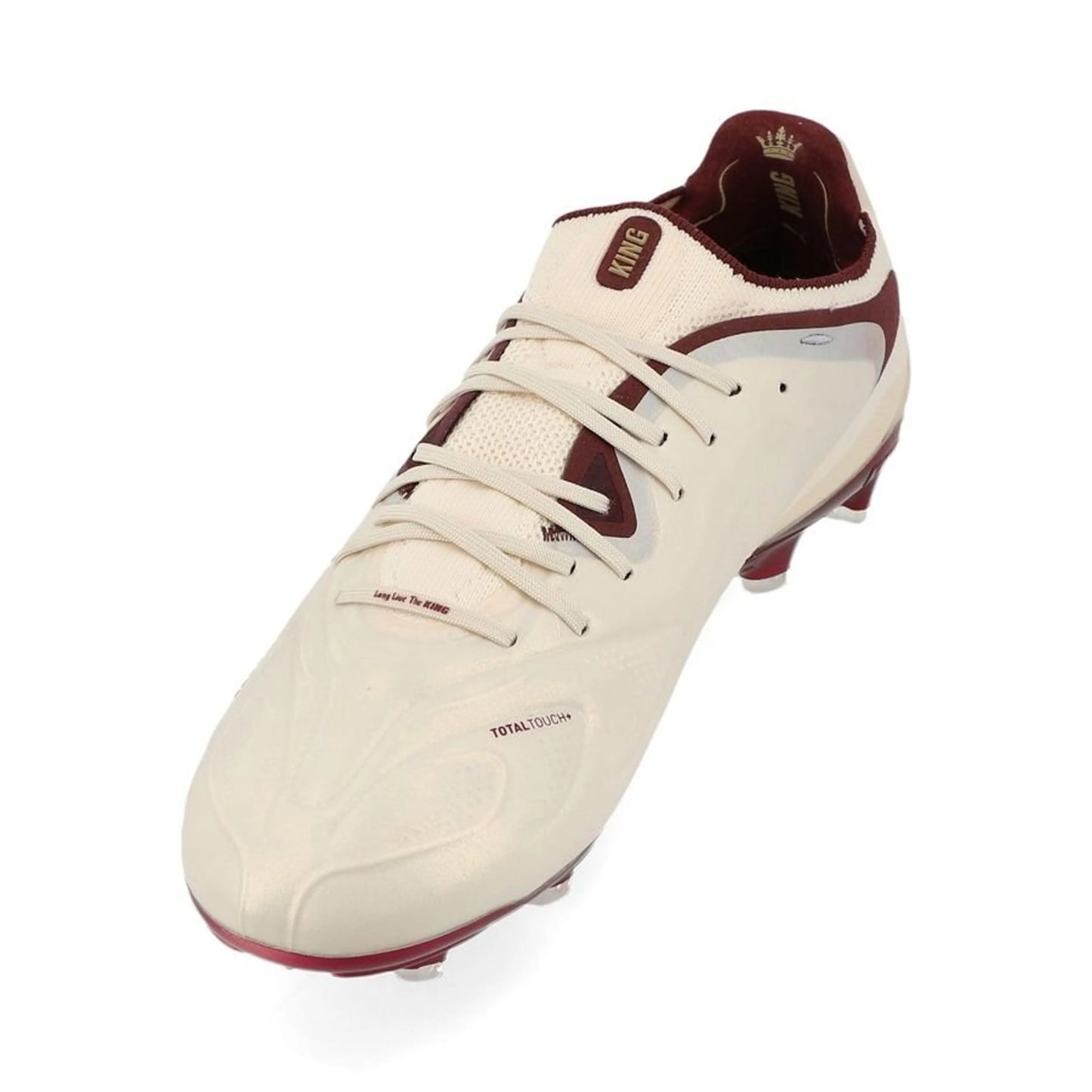 side view of the PUMA King 20 Ultimate FG/AG Launch Edition in Almond/Aubergine/Gold colorway