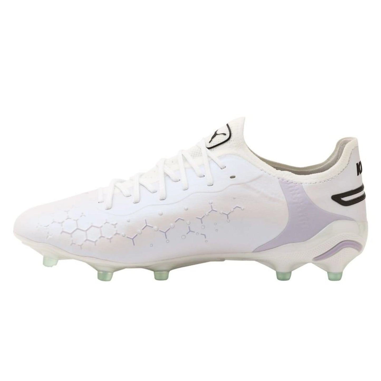 side view of the PUMA King Ultimate FG/AG Brilliance Pack in White/Black colorway