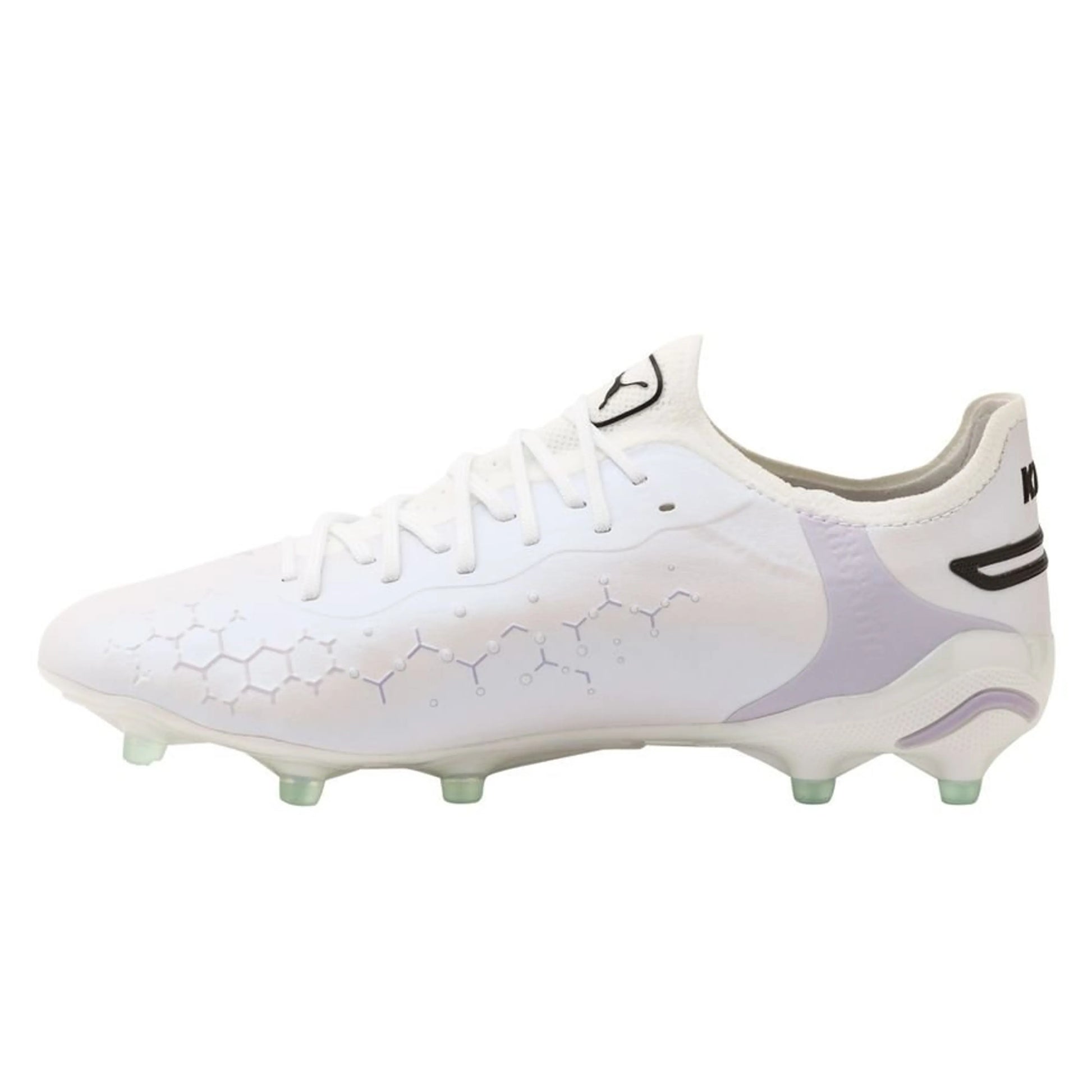 side view of the PUMA King Ultimate FG/AG Brilliance Pack in White/Black colorway