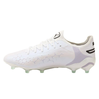 side view of the PUMA King Ultimate FG/AG Brilliance Pack in White/Black colorway