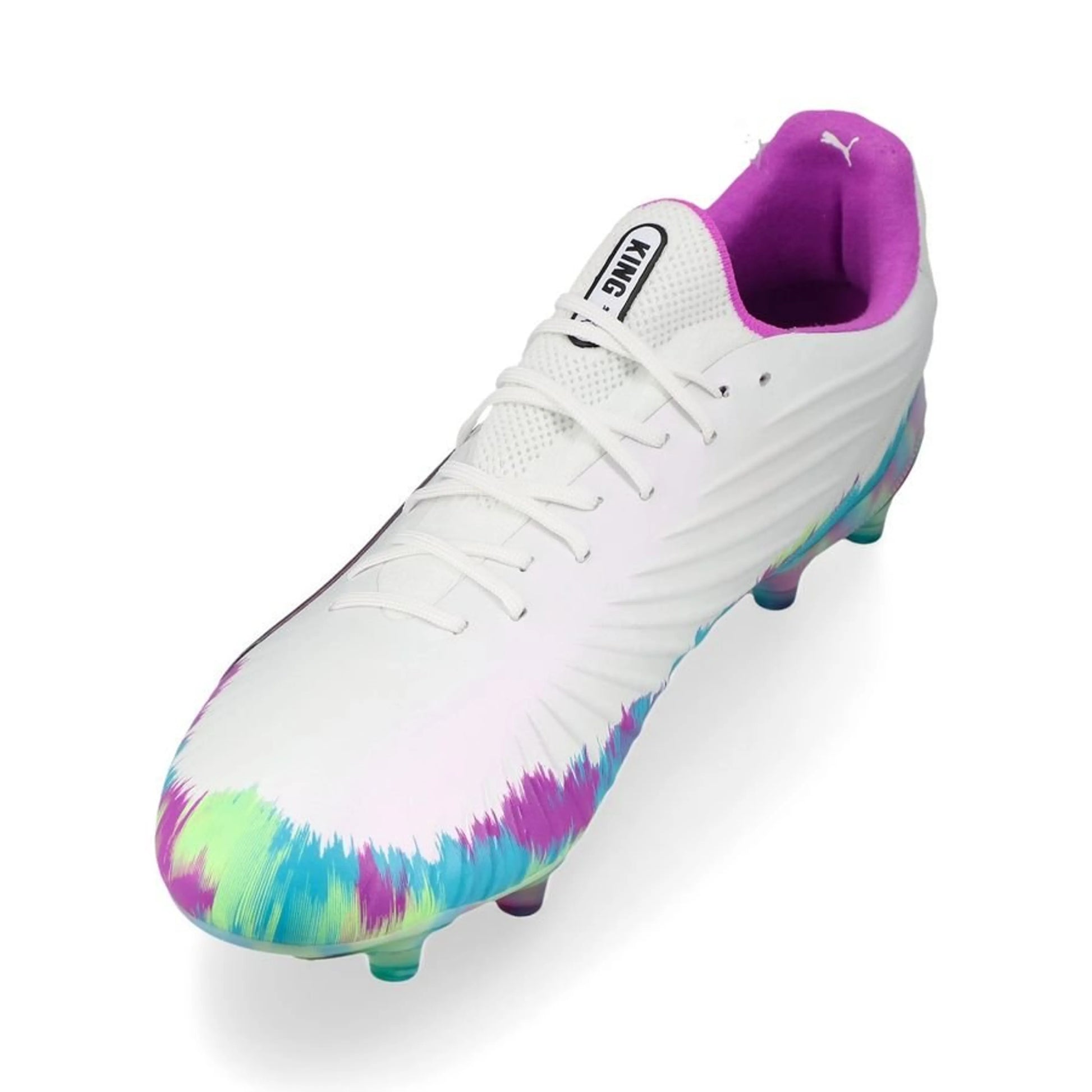 side view of the PUMA King Ultimate FG/AG Brilliance Pack in White/Purple/Green colorway