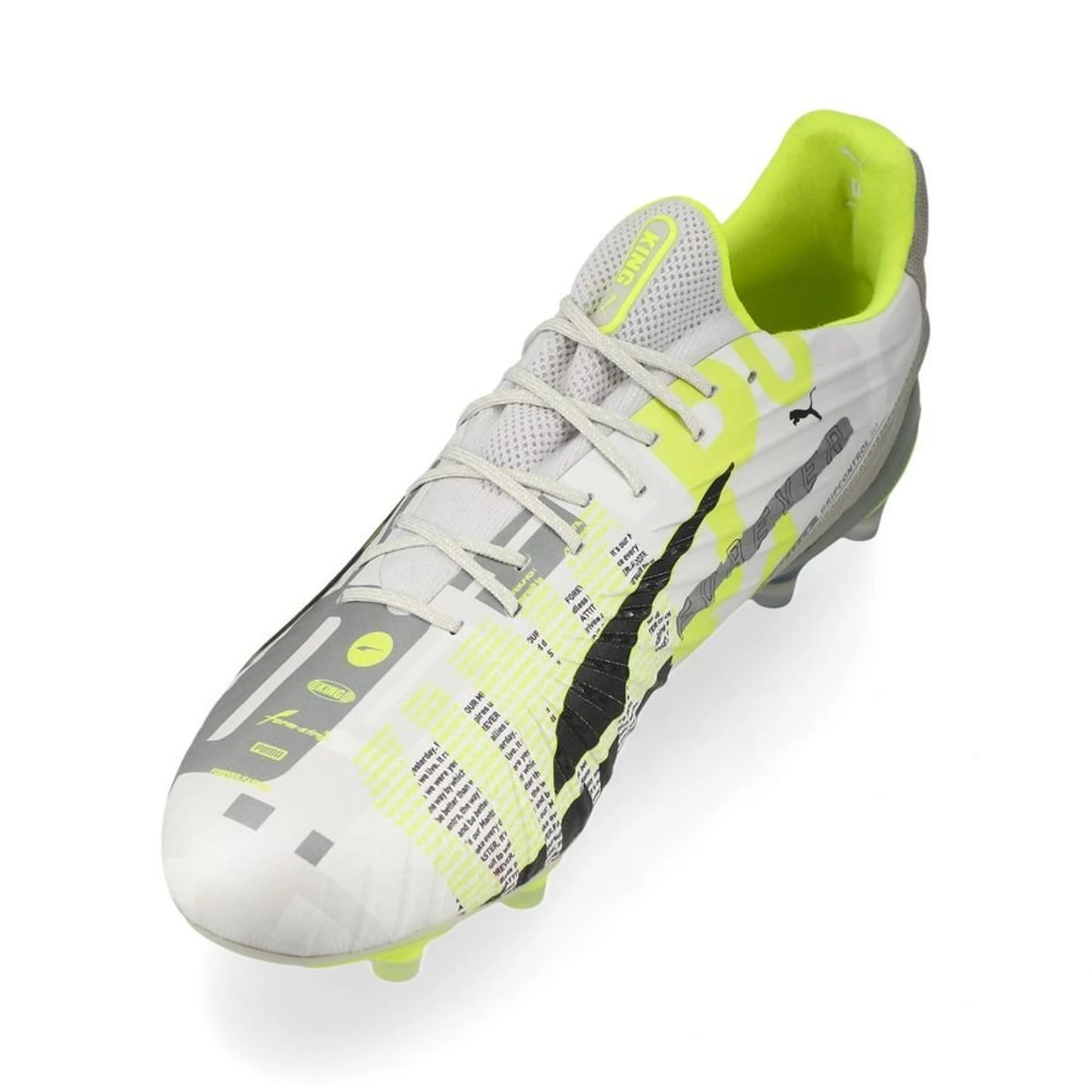 side view of the PUMA King Ultimate FG/AG "Forever" Pack in a Lime/Grey/White colorway