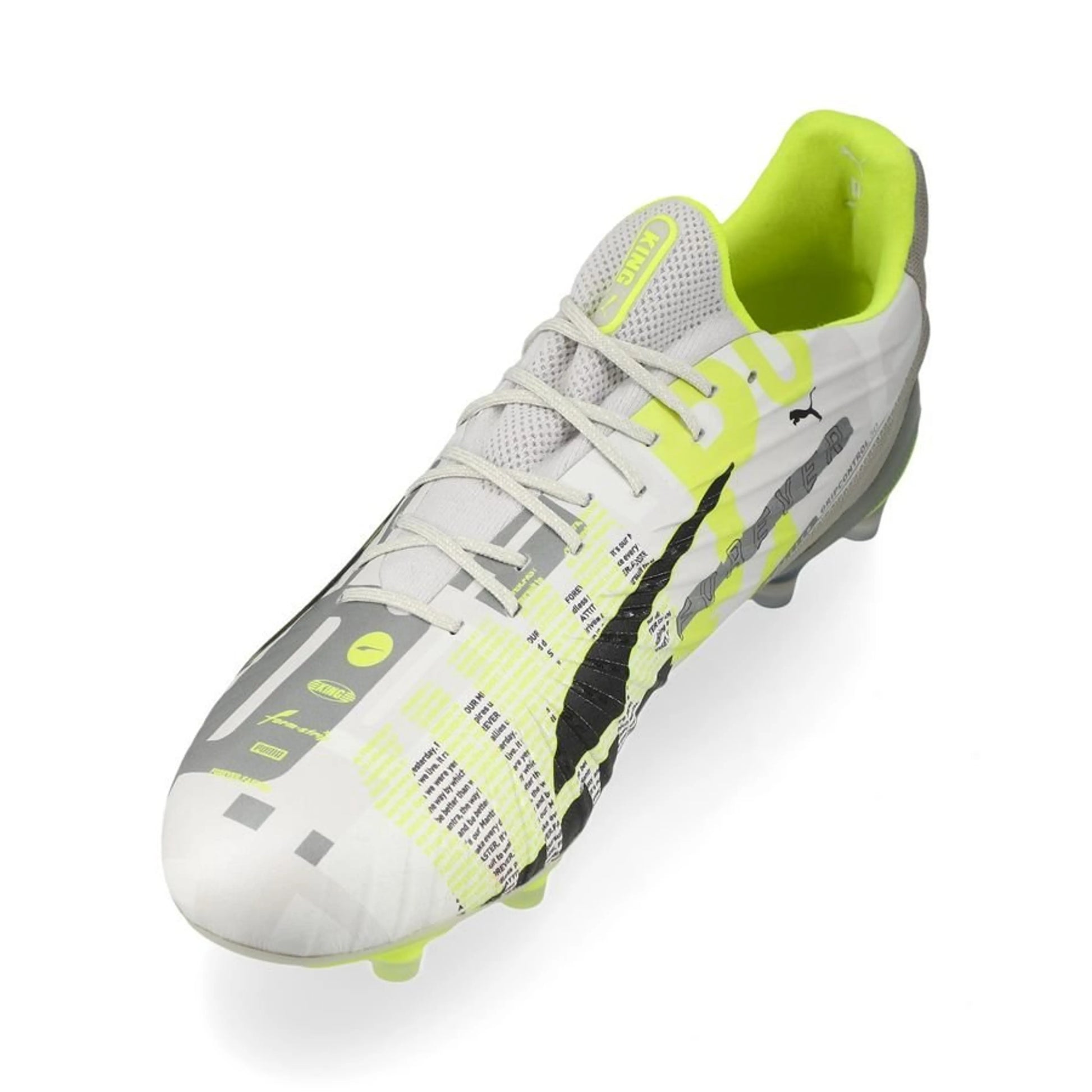 side view of the PUMA King Ultimate FG/AG "Forever" Pack in a Lime/Grey/White colorway