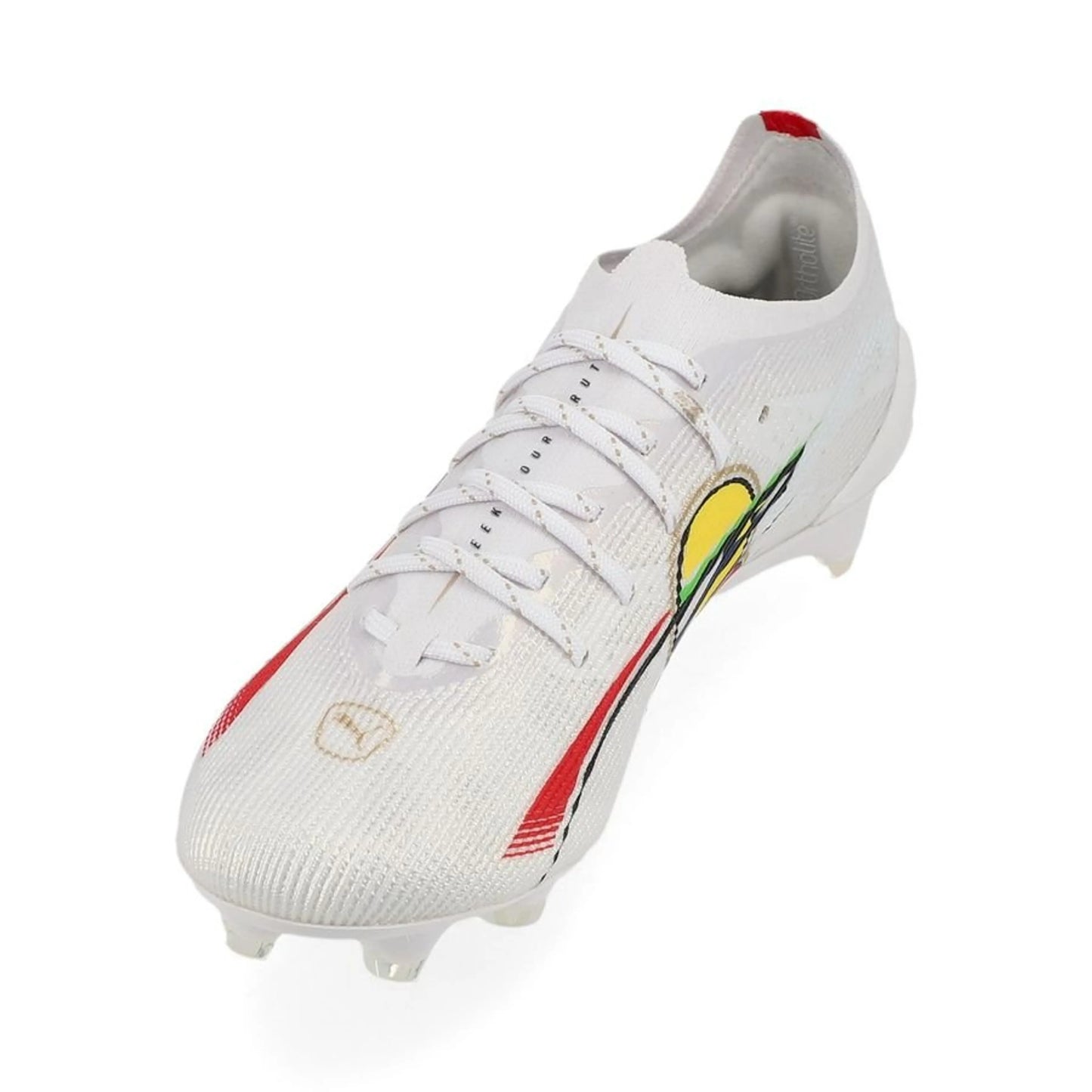 side view of the PUMA Ultra 5 Ultimate FG Senna in White/Gold/Red colorway