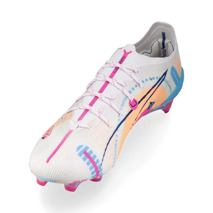 side view of the PUMA Ultra 5 Ultimate FG Volume Up Pack in White/Blue/Pink/Orange colorway