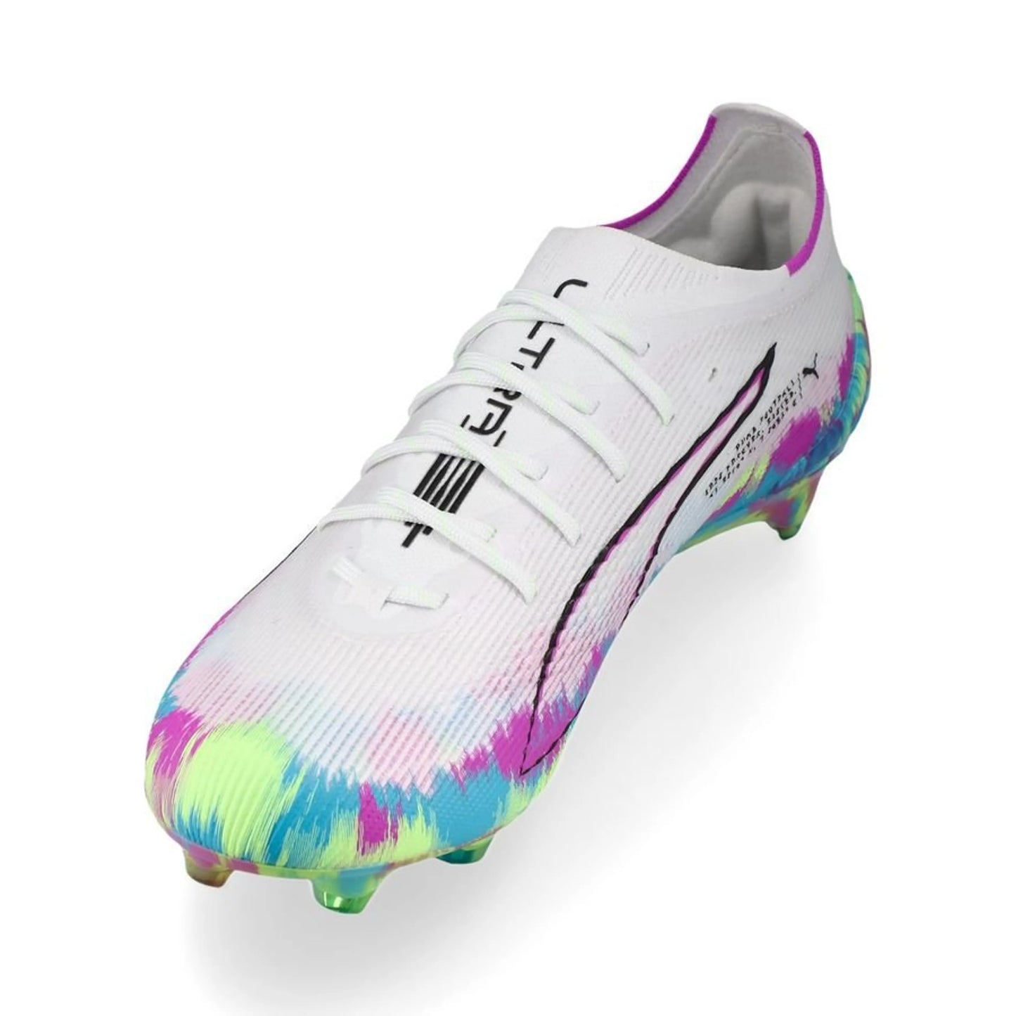 side view of the PUMA Ultra 6 Ultimate FG Brilliance Pack in White/Green/Purple colorway