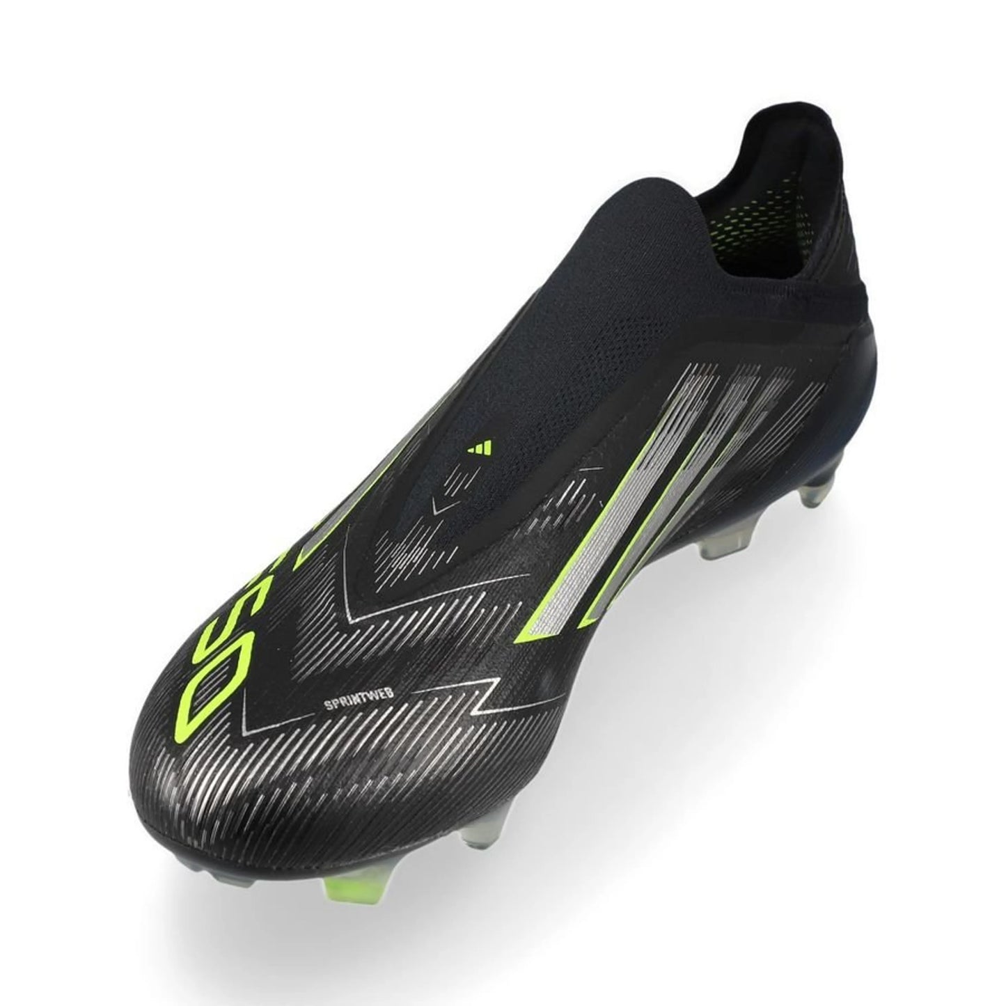 side view of the adidas F50 Elite FG Laceless Electric Stealth pack in Black/Lemon colorway