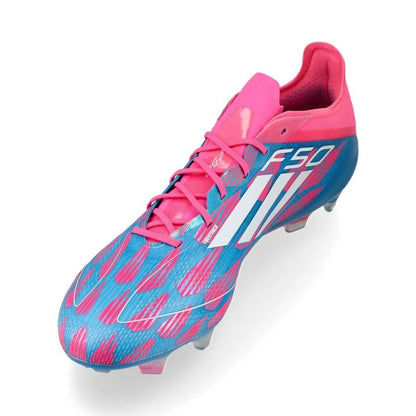 side view of the adidas F50 Elite FG "Reemergence" pack in Blue/White/Pink colorway