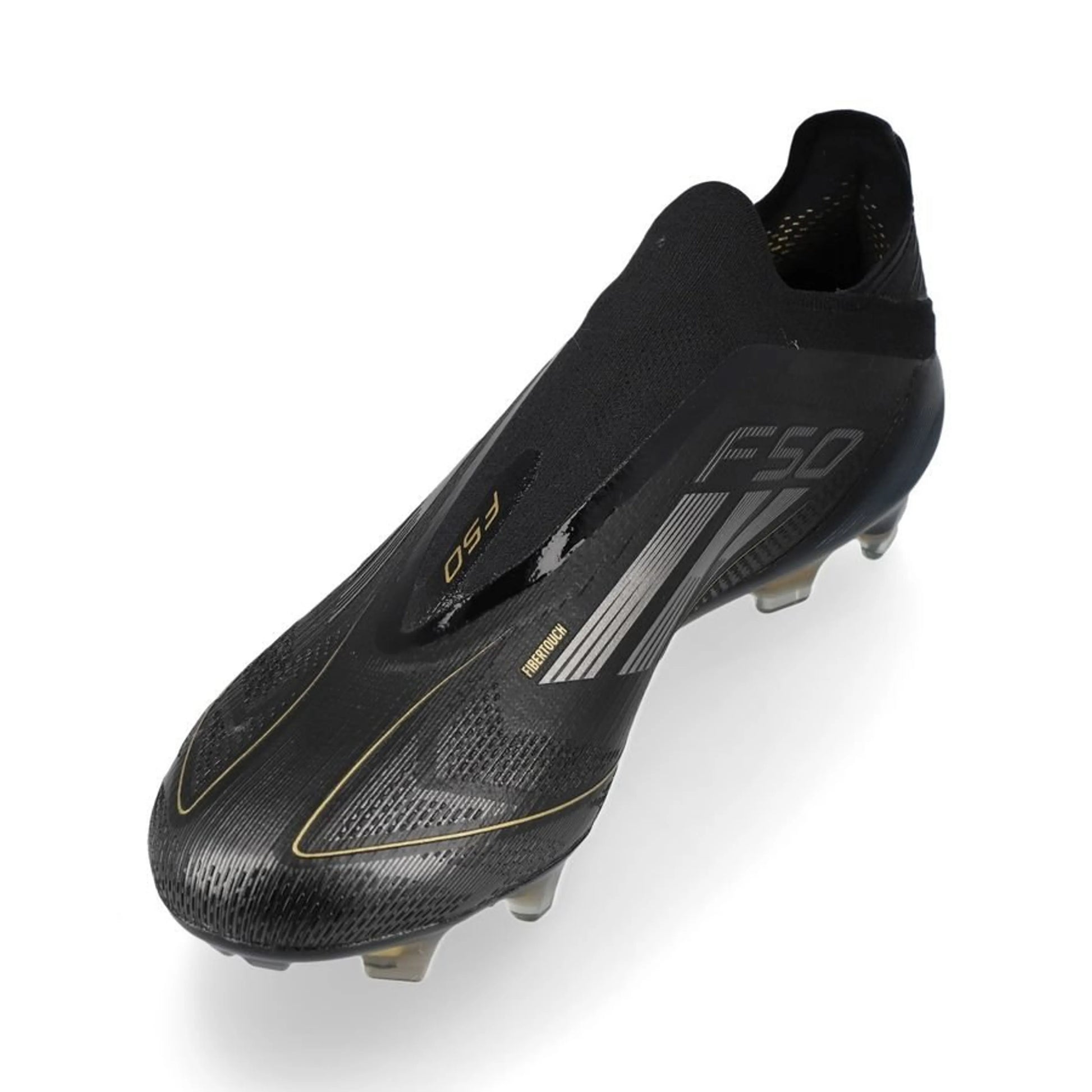 side view of the adidas F50 Elite Laceless FG Dark Spark pack in Black/Metal colorway