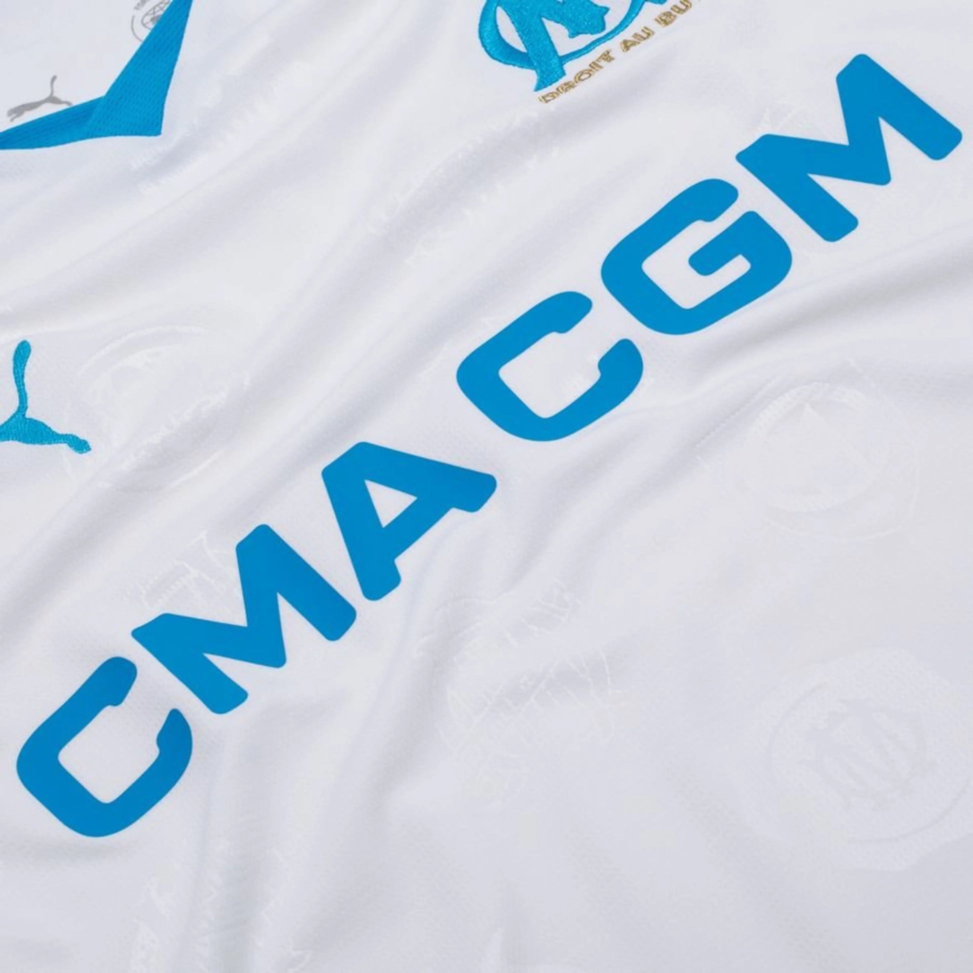 sponsor view of the PUMA Marseille 2025/26 Home Shirt LS White/Bleu Azur