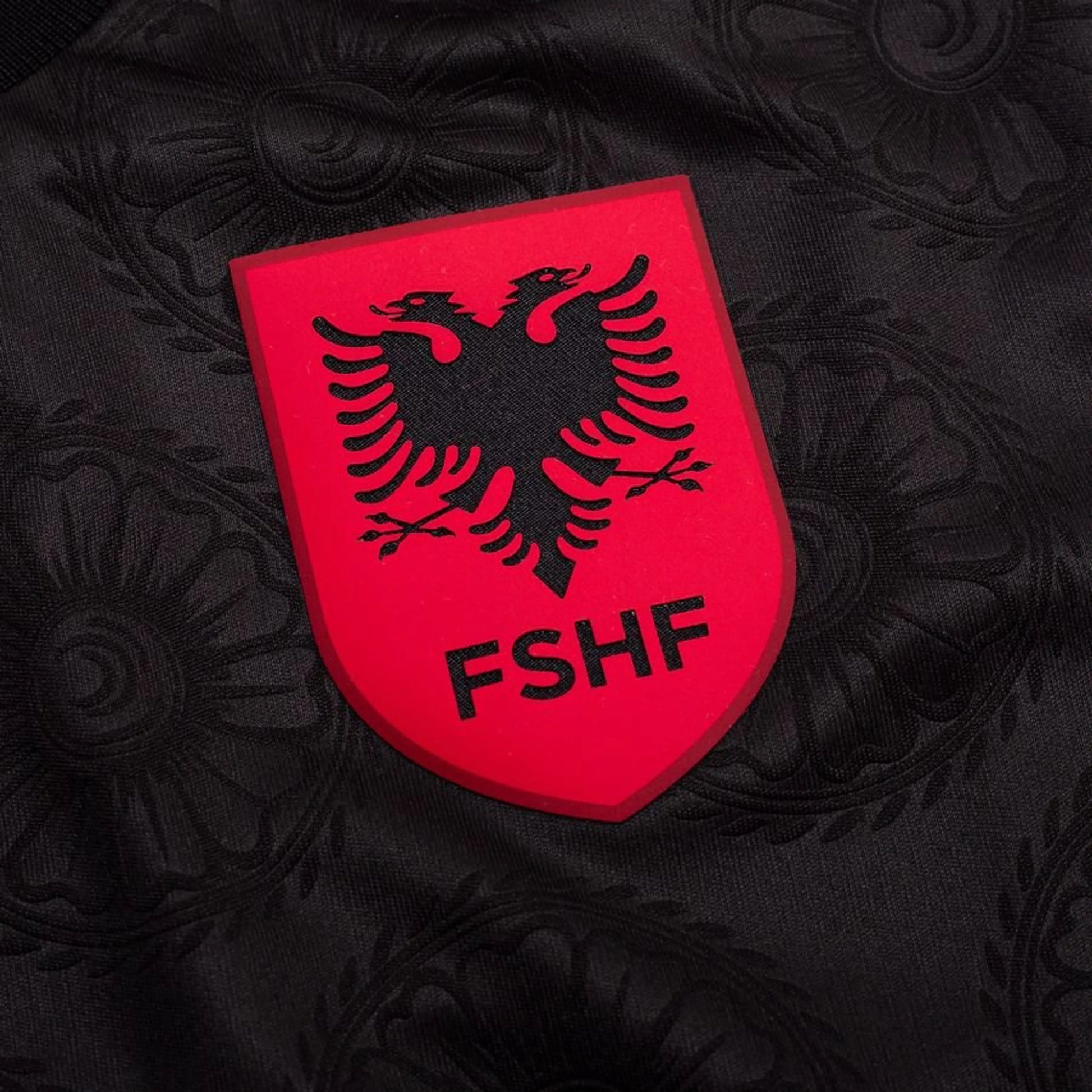 team logo view of the Macron Albania Third Black Shirt 2026/27