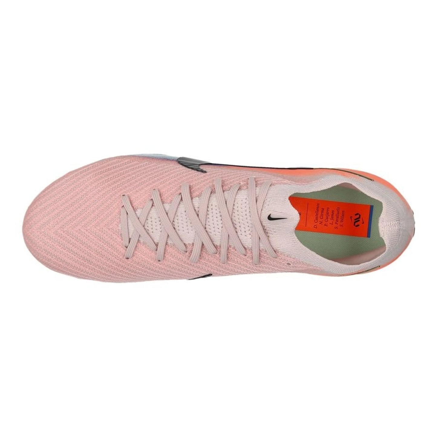 top view of the Nike Air Zoom Mercurial Vapor 16 Elite SG-PRO in Pink/Orange/Blue