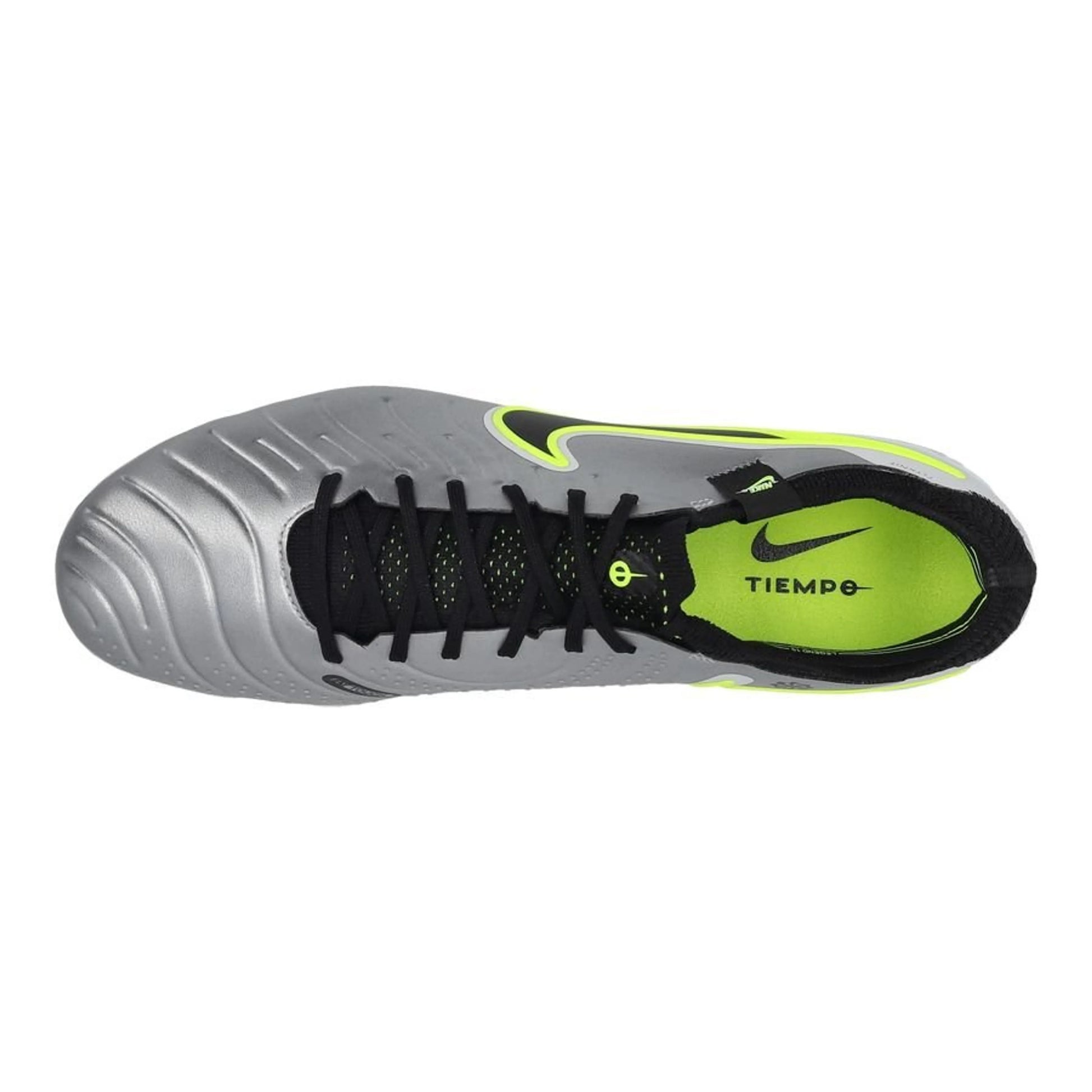 top view of the Nike Tiempo Legend 10 Elite FG "Mad Voltage" Pack in a Silver/Black/Neon colorway