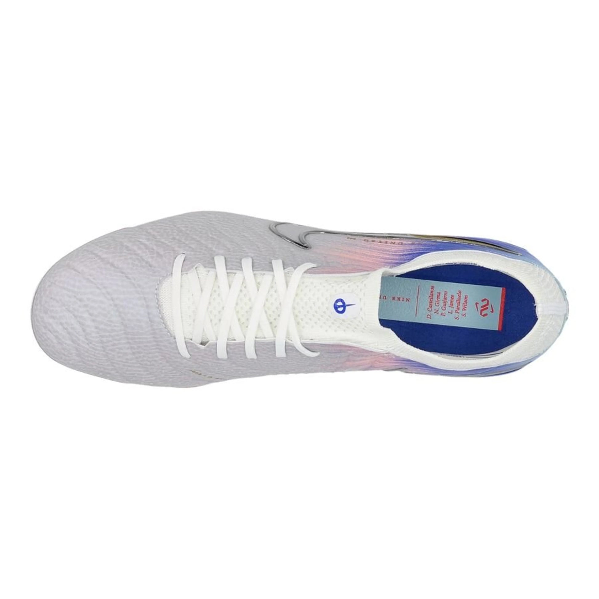 top view of the Nike Tiempo Legend 10 Elite FG "United Chapter 2" Pack in a White/Blue/Pink colorway