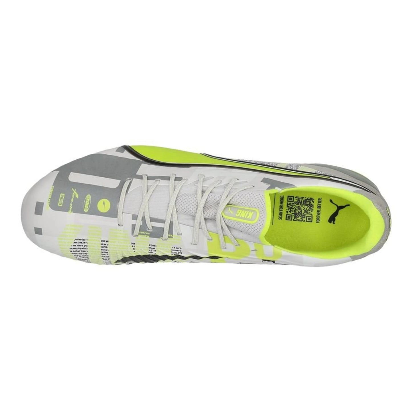 top view of the PUMA King Ultimate FG/AG "Forever" Pack in a Lime/Grey/White colorway