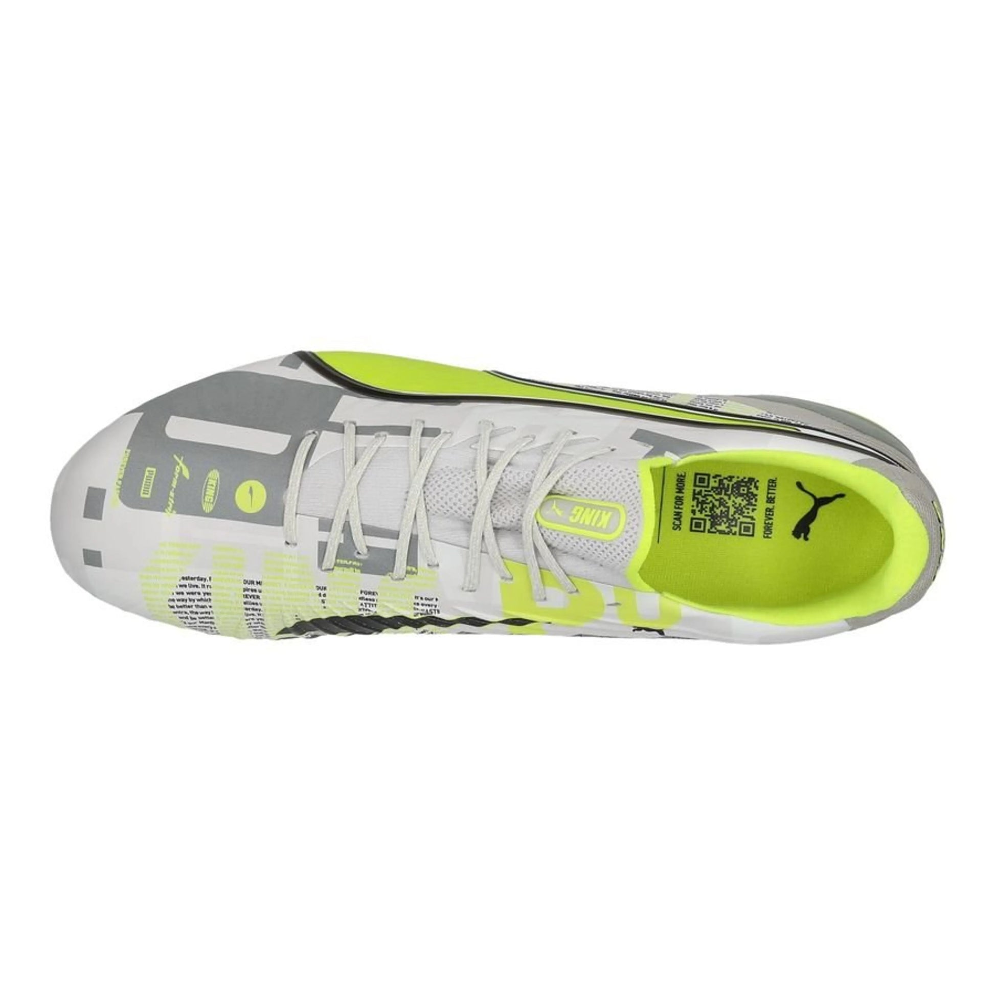 top view of the PUMA King Ultimate FG/AG "Forever" Pack in a Lime/Grey/White colorway