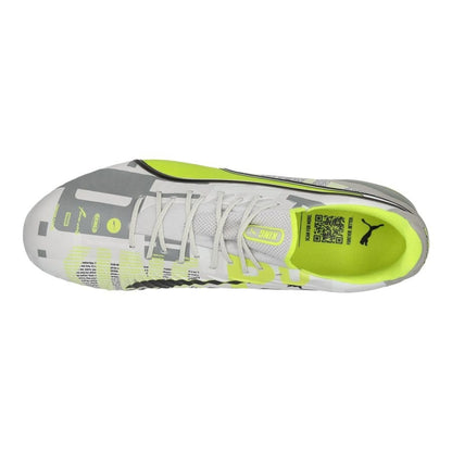 top view of the PUMA King Ultimate FG/AG "Forever" Pack in a Lime/Grey/White colorway