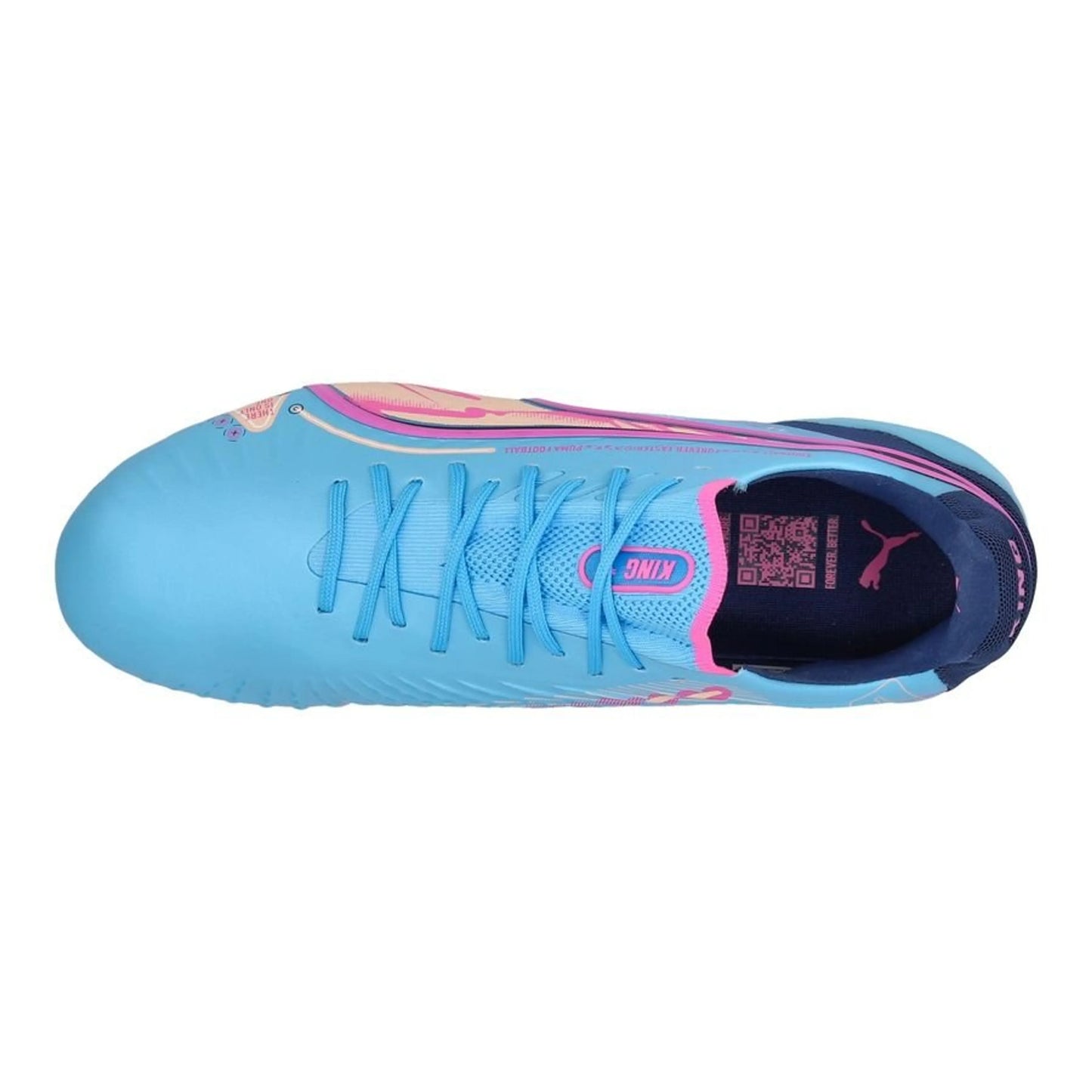 top view of the PUMA King Ultimate FG/AG "Volume Up" Pack in a Blue/Pink/Black colorway