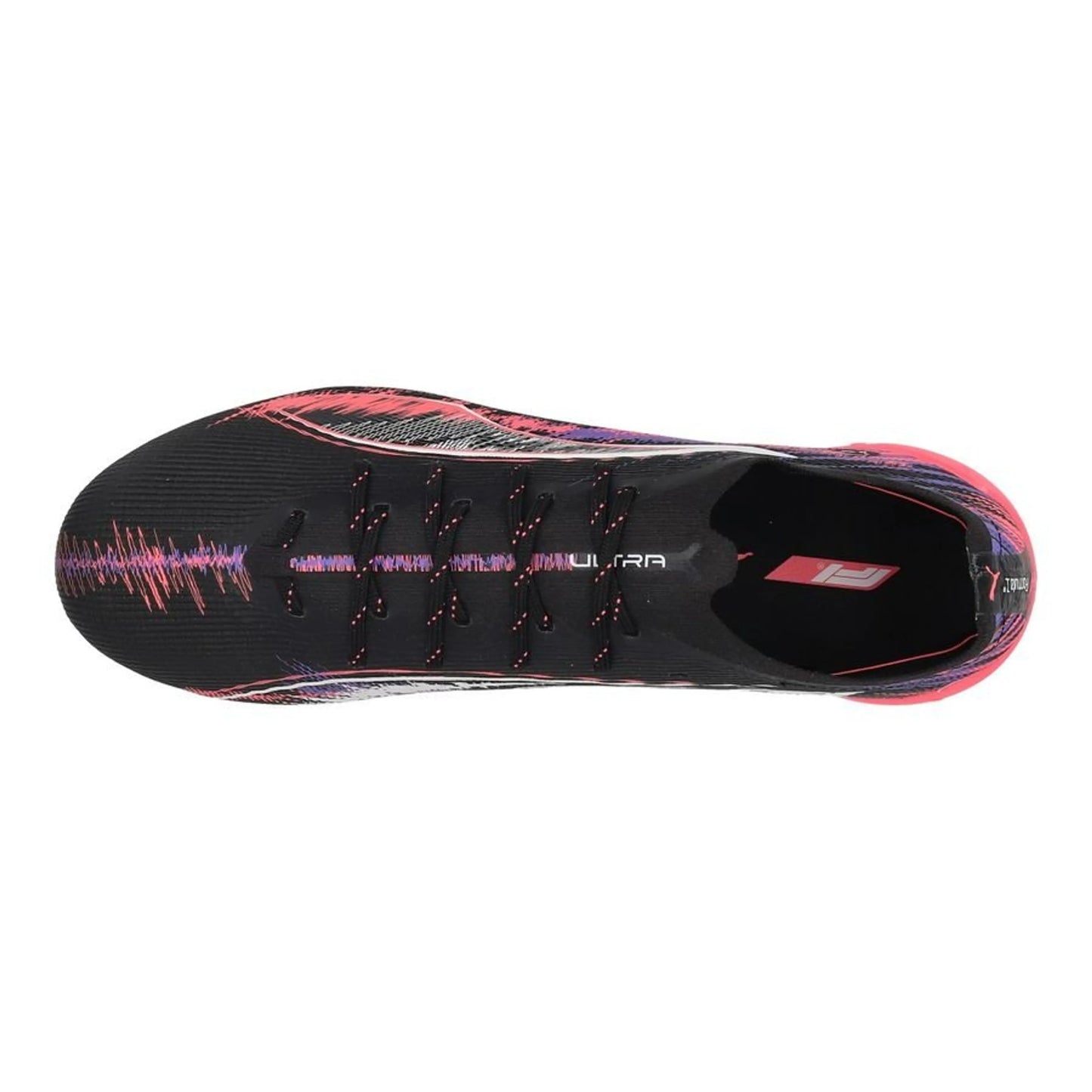 top view of the PUMA Ultra 5 Ultimate FG Formula 1 in Black/Dark Amethyst colorway