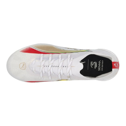top view of the PUMA Ultra 5 Ultimate FG Senna in White/Gold/Red colorway