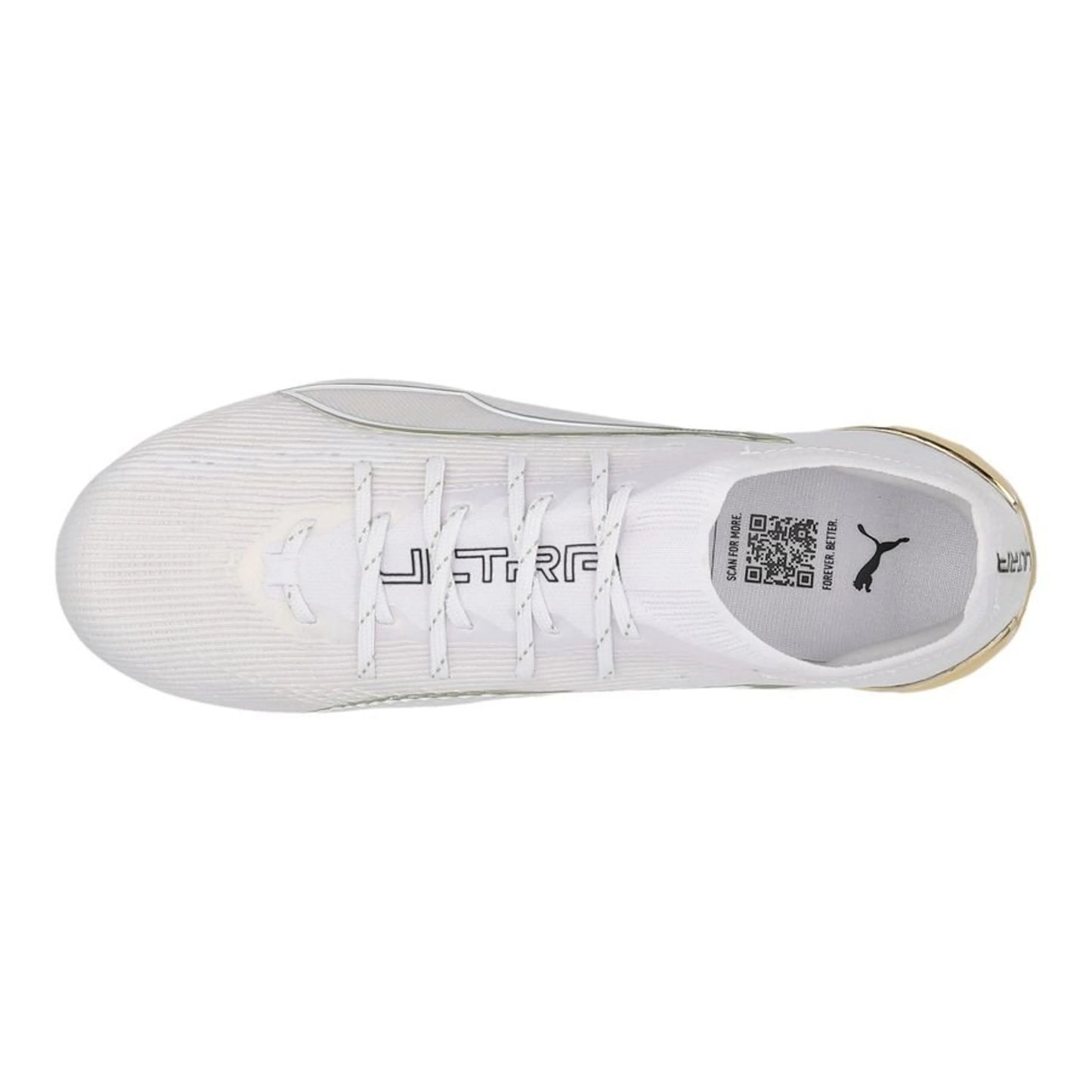 top view of the PUMA Ultra 6 Ultimate FG White Gold in White/Gold/Black colorway