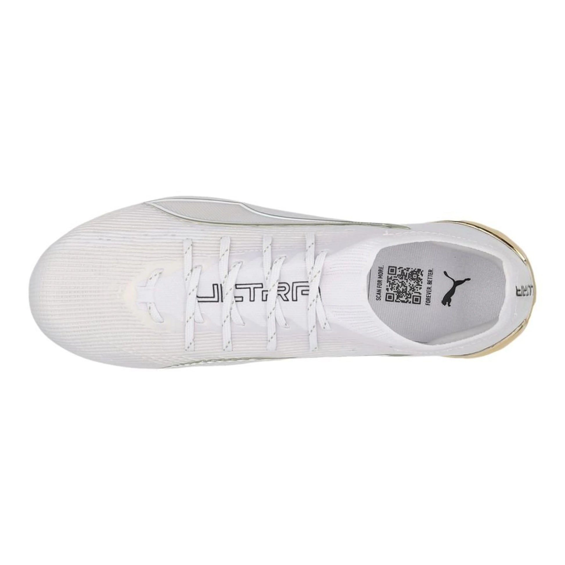 top view of the PUMA Ultra 6 Ultimate FG White Gold in White/Gold/Black colorway