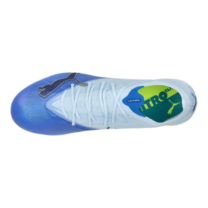 top view of the PUMA Ultra Nitro 7 Ultimate FG "Unscripted" in blue and white